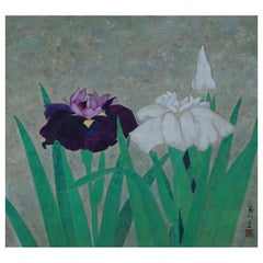 Blooming Iris Japan Hand Painted Silk Scroll
