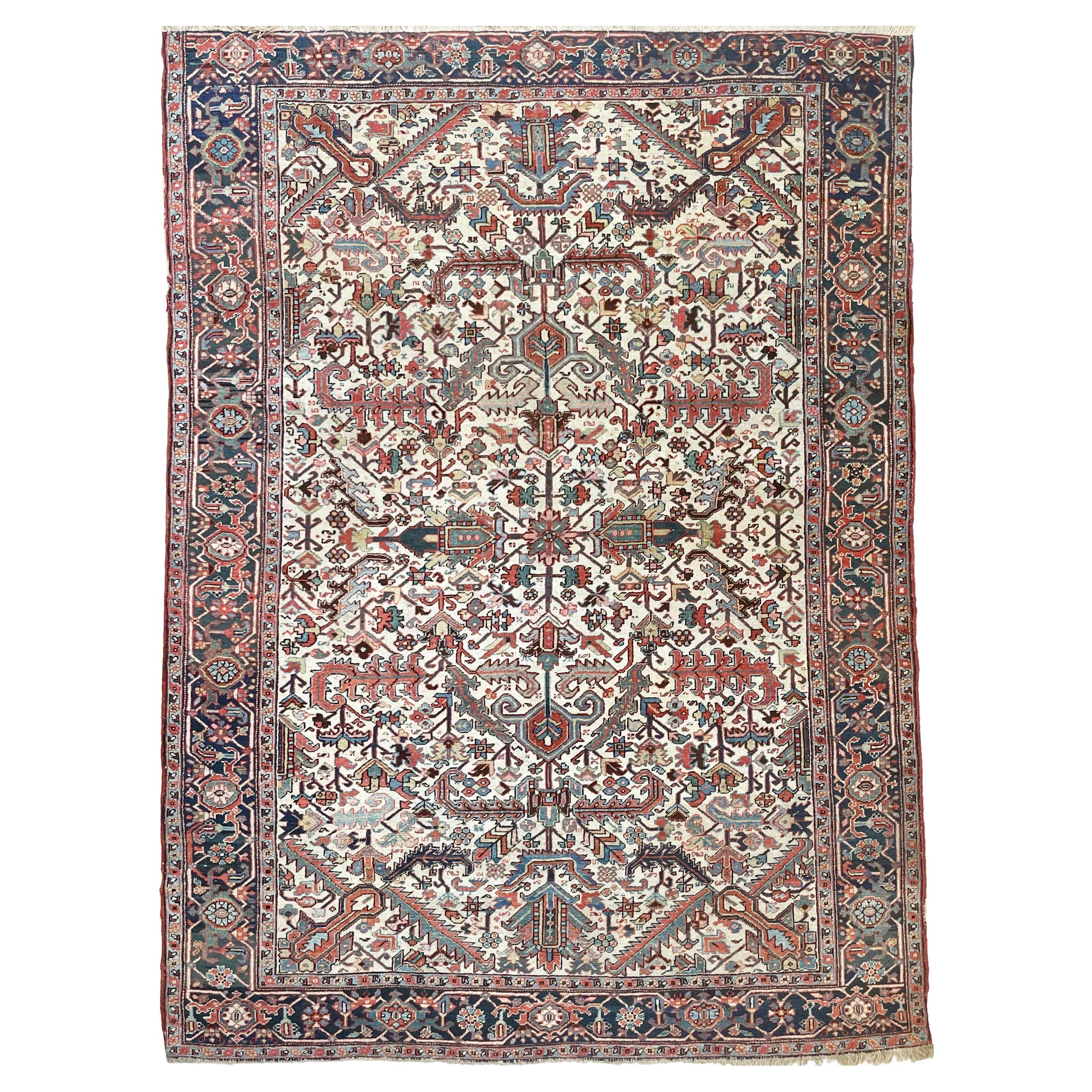Blooming Jungle Antique Heriz Rug in Eggshell Linen Ground, c. 1940's For Sale