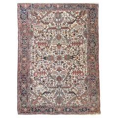 Blooming Jungle Antique Heriz Rug in Eggshell Linen Ground, c. 1940's