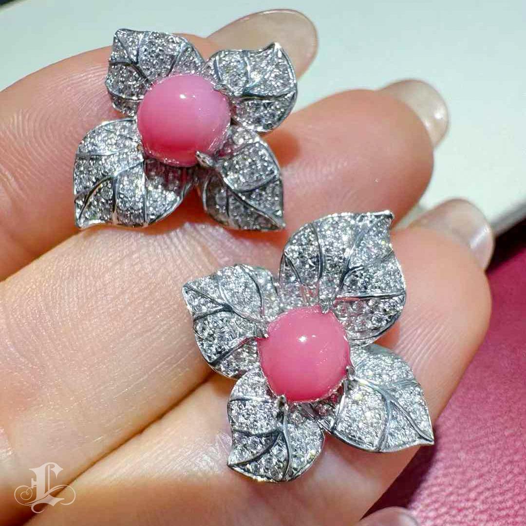 Uncut 【Conchéa】Blooming Leaves Conch Pearl & Diamond Earrings — 2.65ct For Sale