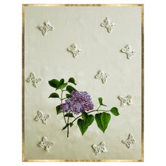 Lilas en flor en bordado de seda de doble cara y tapiz de mariposas en 3D