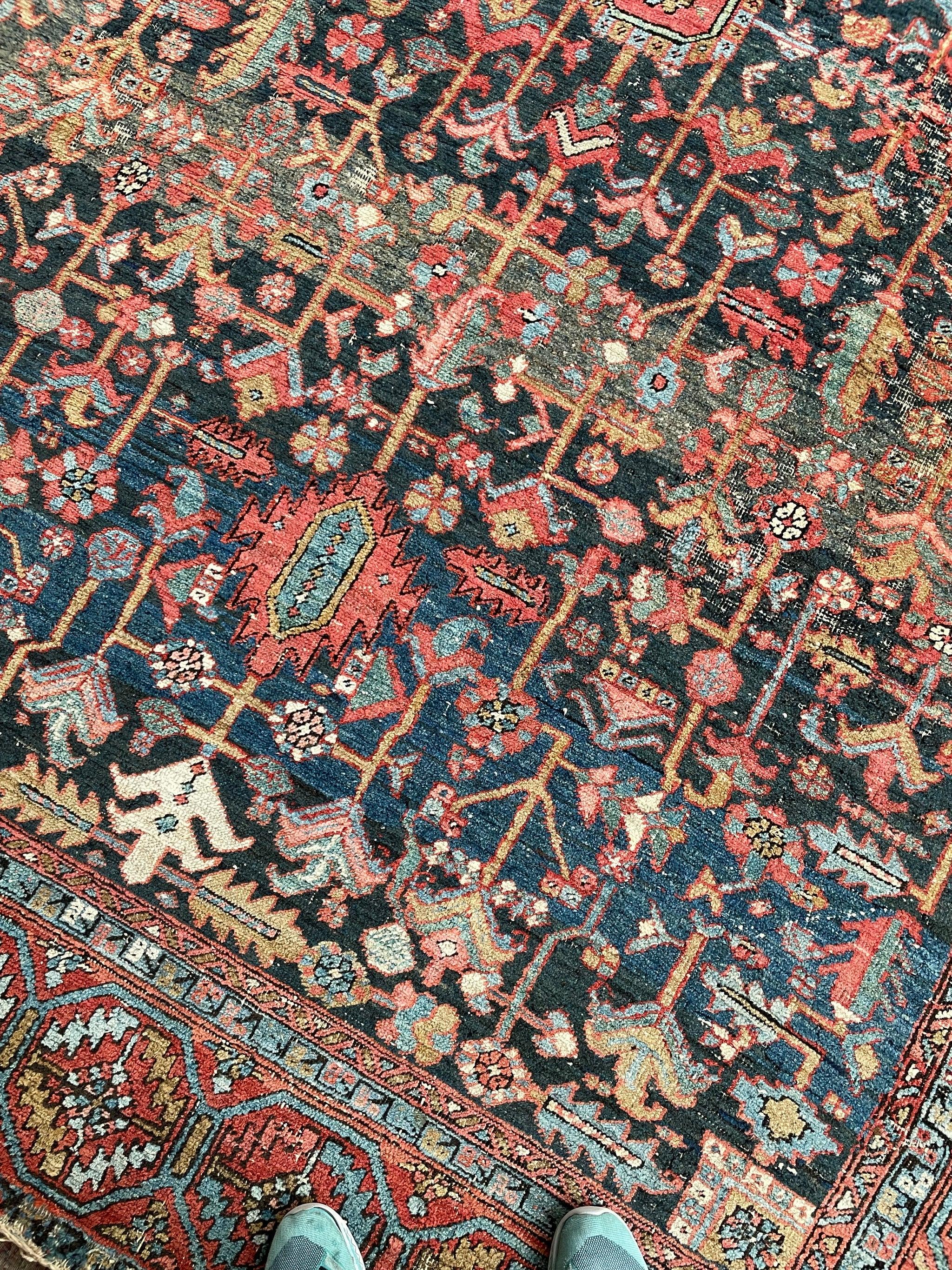 Dyed Blooming Midnight Jungle Antique Rug with Unbelievable Color Palette For Sale