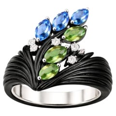 “Blooming Orchard” Ring Tsavorites, Blue Topazes Diamonds-Handcrafted To Order