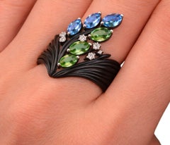 “Blooming Orchard” Ring Tsavorites, Blue Topazes Diamonds-Handcrafted To Order