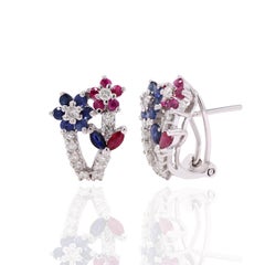 Blooming Sapphire, Ruby and Diamonds Clip On Stud Earrings in 18K White Gold