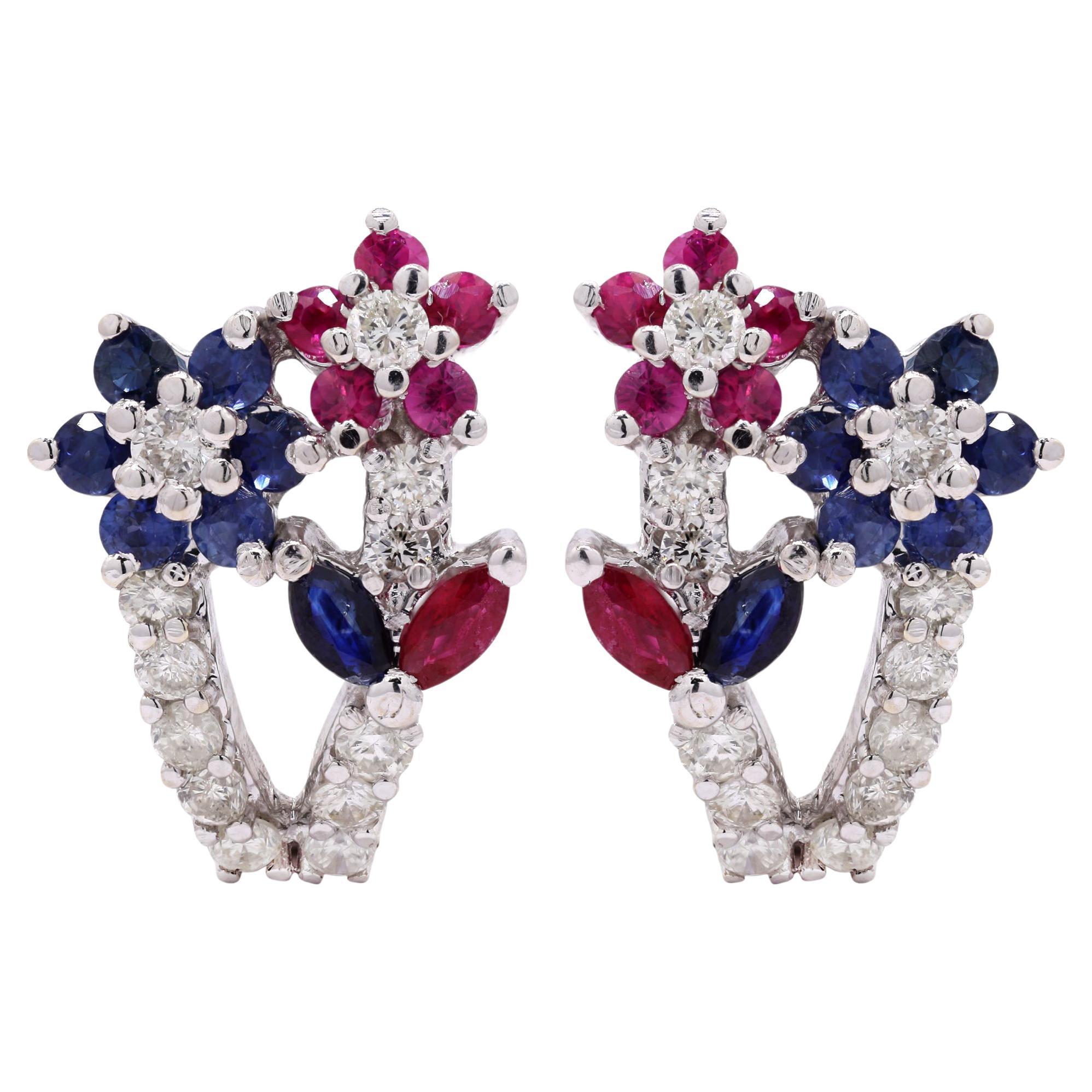 Blooming Sapphire, Ruby and Diamonds Clip On Stud Earrings in 18K White Gold 