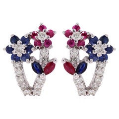 Blooming Sapphire, Ruby and Diamonds Clip On Stud Earrings in 18K White Gold 