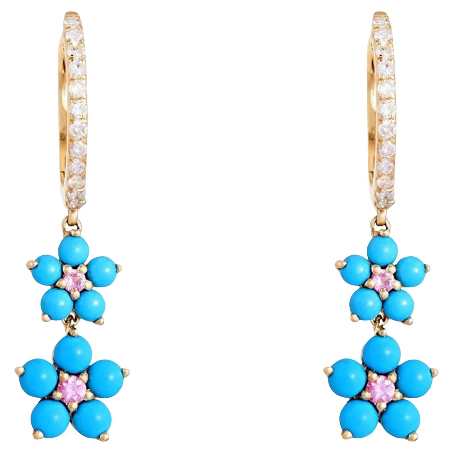 1.00ct Turquoise Diamond Pink Sapphire 14K Yellow Gold Drop Earrings