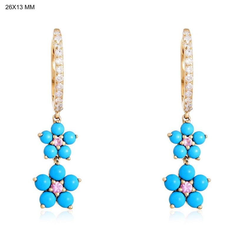 Blühender Türkis 14K Gelbgold Florale Tropfenohrringe (Moderne) im Angebot