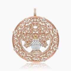 Blooming Vase Basket of Flowers Floral Prosperity Diamonds 18K Rose Gold Pendant