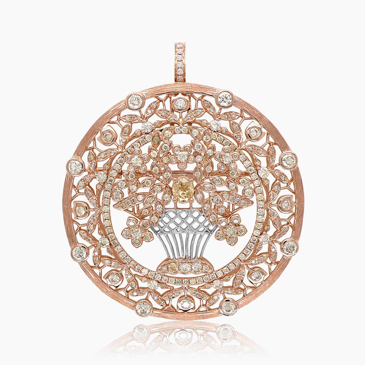 Mixed Cut Blooming Vase Basket of Flowers Floral Prosperity Diamonds 18K Rose Gold Pendant For Sale