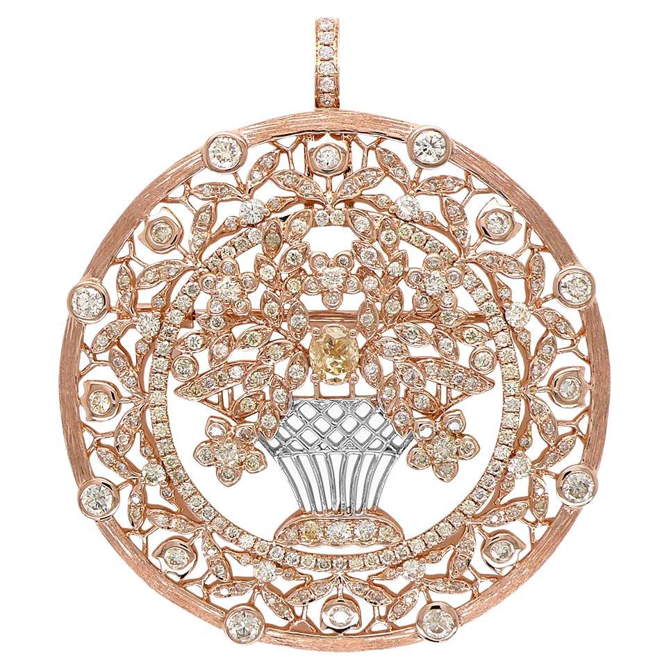 Blooming Vase Basket of Flowers Floral Prosperity Diamonds 18K Rose Gold Pendant For Sale