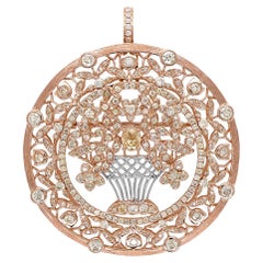 Blooming Vase Basket of Flowers Floral Prosperity Diamonds 18K Rose Gold Pendant
