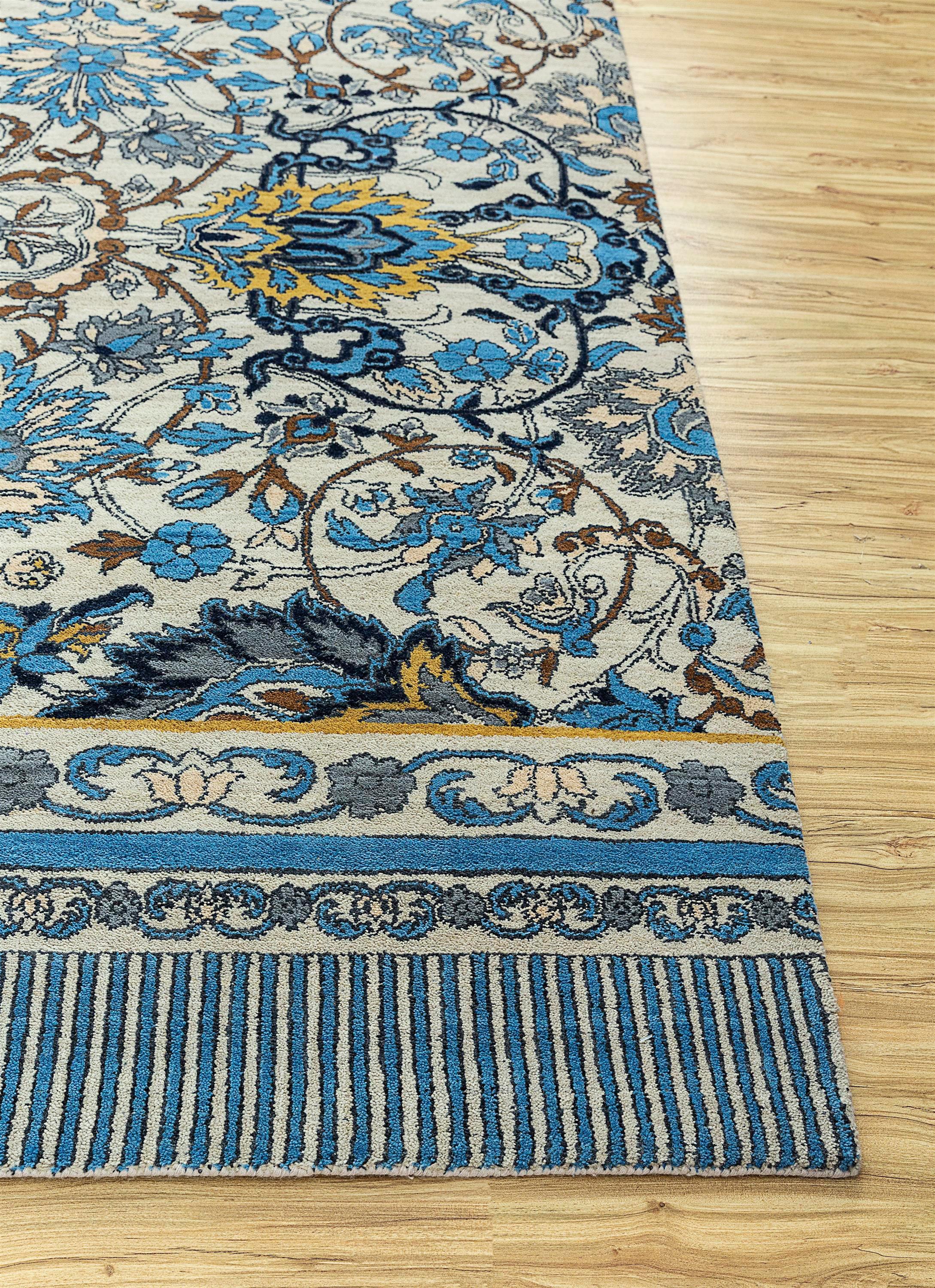 Alfombra anudada a mano Blooming Veil Antique White & Ombre Blue 270x360 cm Tribal en venta