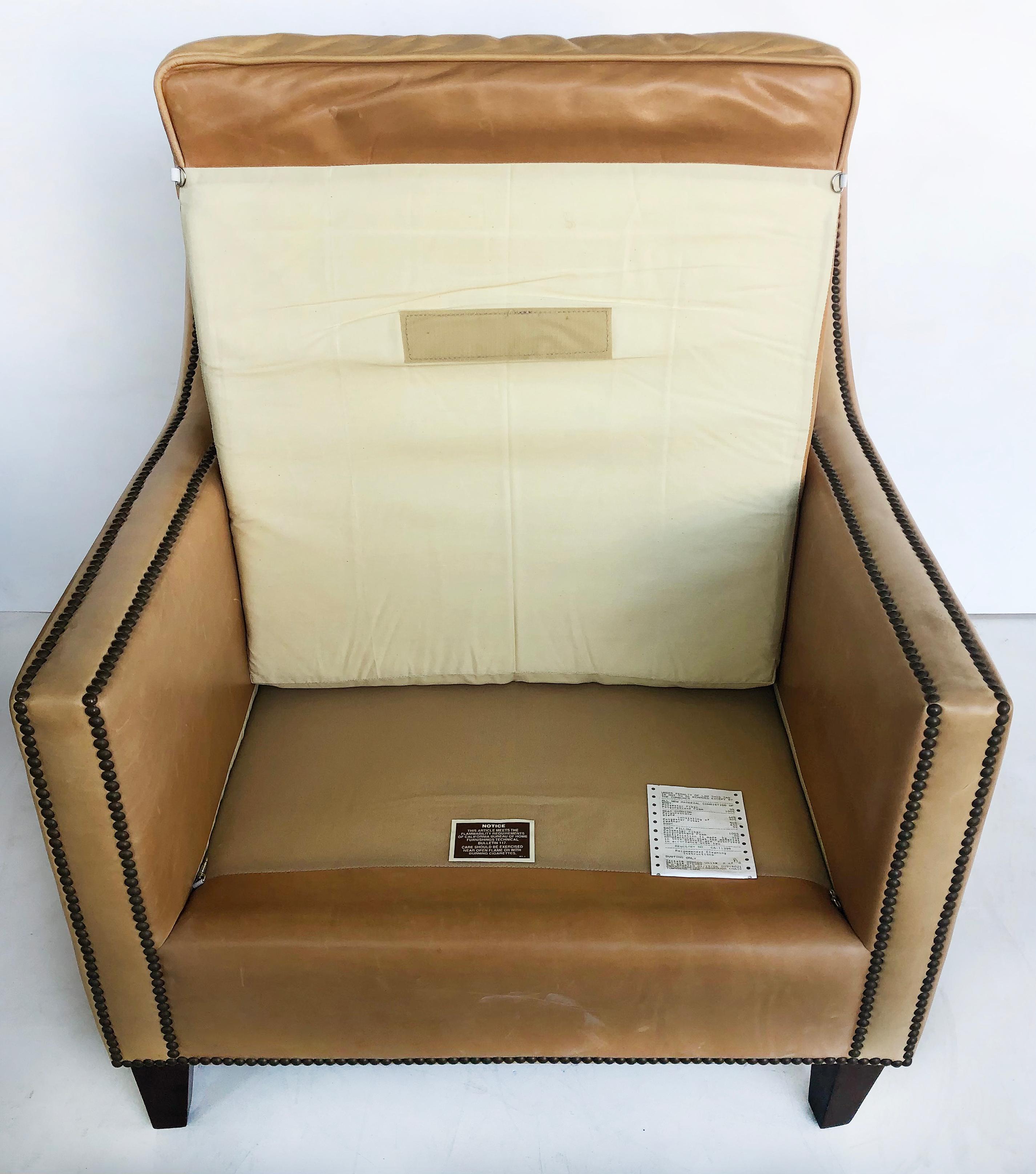 Bloomingdale's Elite Leather Club Chairs, Brass Nailheads, a Pair In Fair Condition In Miami, FL
