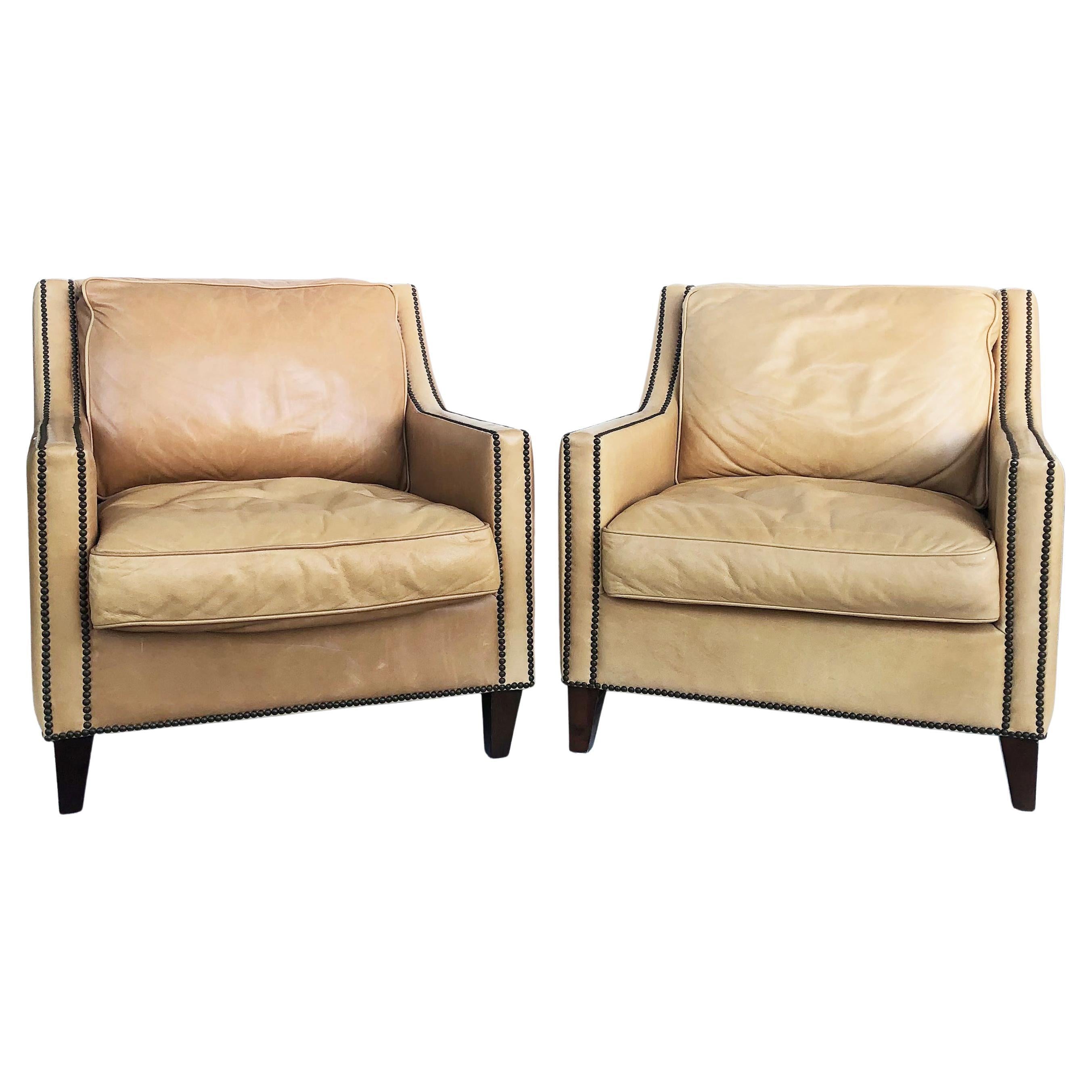 Bloomingdale's Elite Leather Club Chairs, Brass Nailheads, a Pair