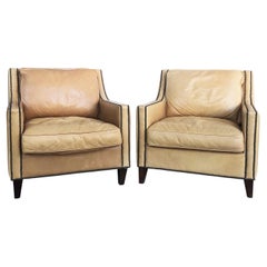 Bloomingdale's Elite Leather Club Chairs, Brass Nailheads, a Pair