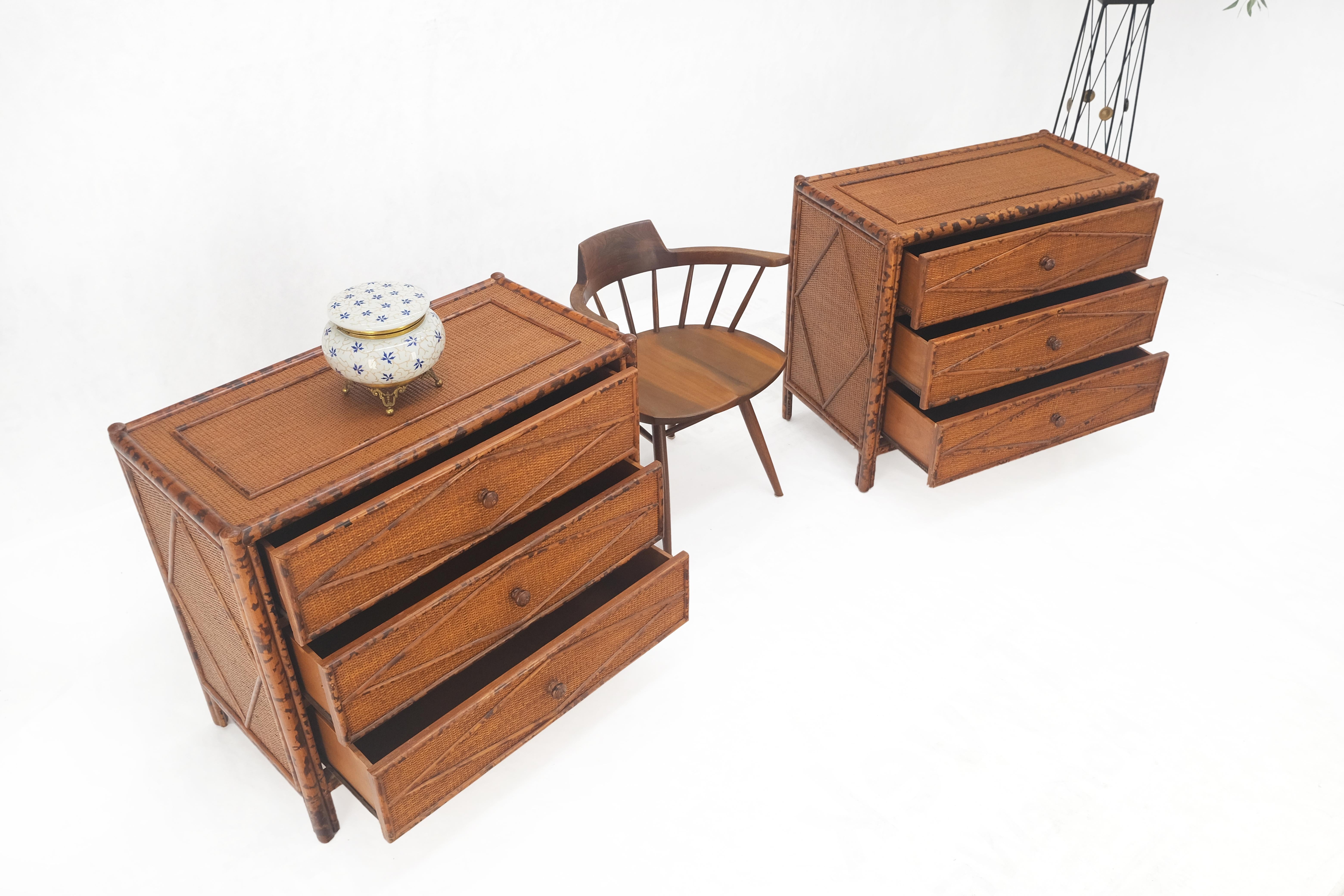 Bloomingdales Pair of Burnt Bamboo 3 Drawers Cane Rattan Small Dressers Chests  For Sale 5