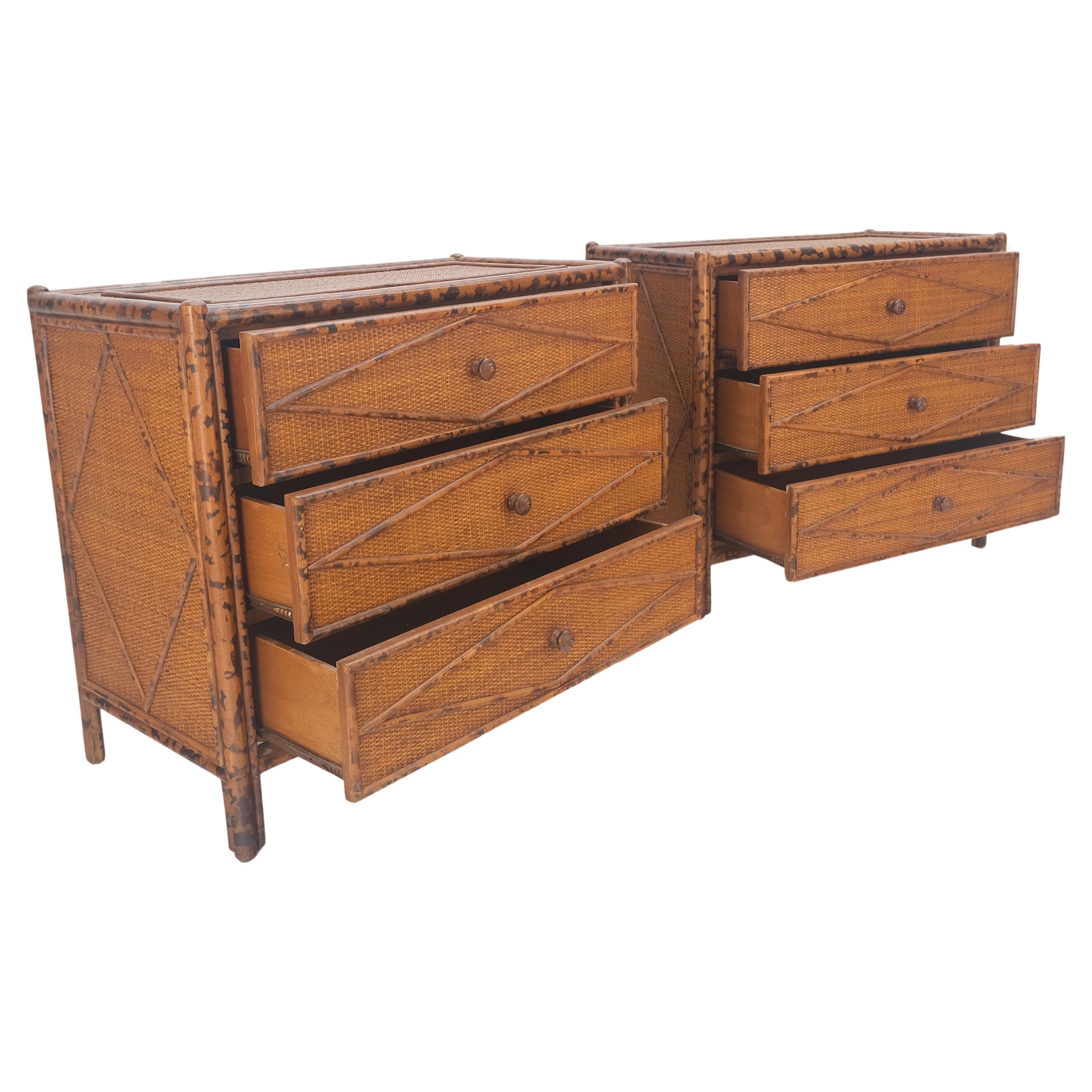 Bloomingdales Pair of Burnt Bamboo Cane 3 Drawers Cane Rattan Small Dressers Chests Night Stands MINT!