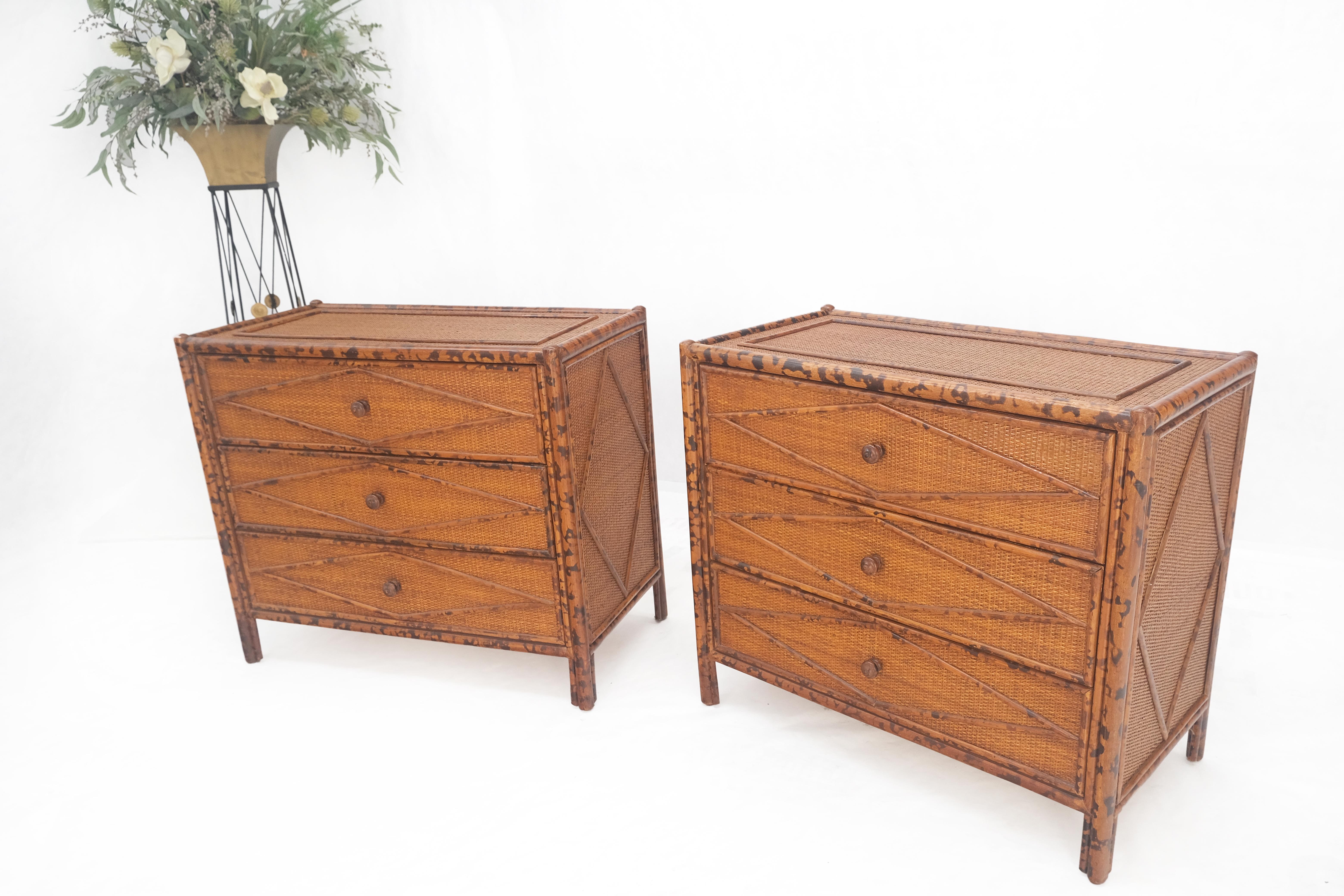 American Bloomingdales Pair of Burnt Bamboo 3 Drawers Cane Rattan Small Dressers Chests  For Sale
