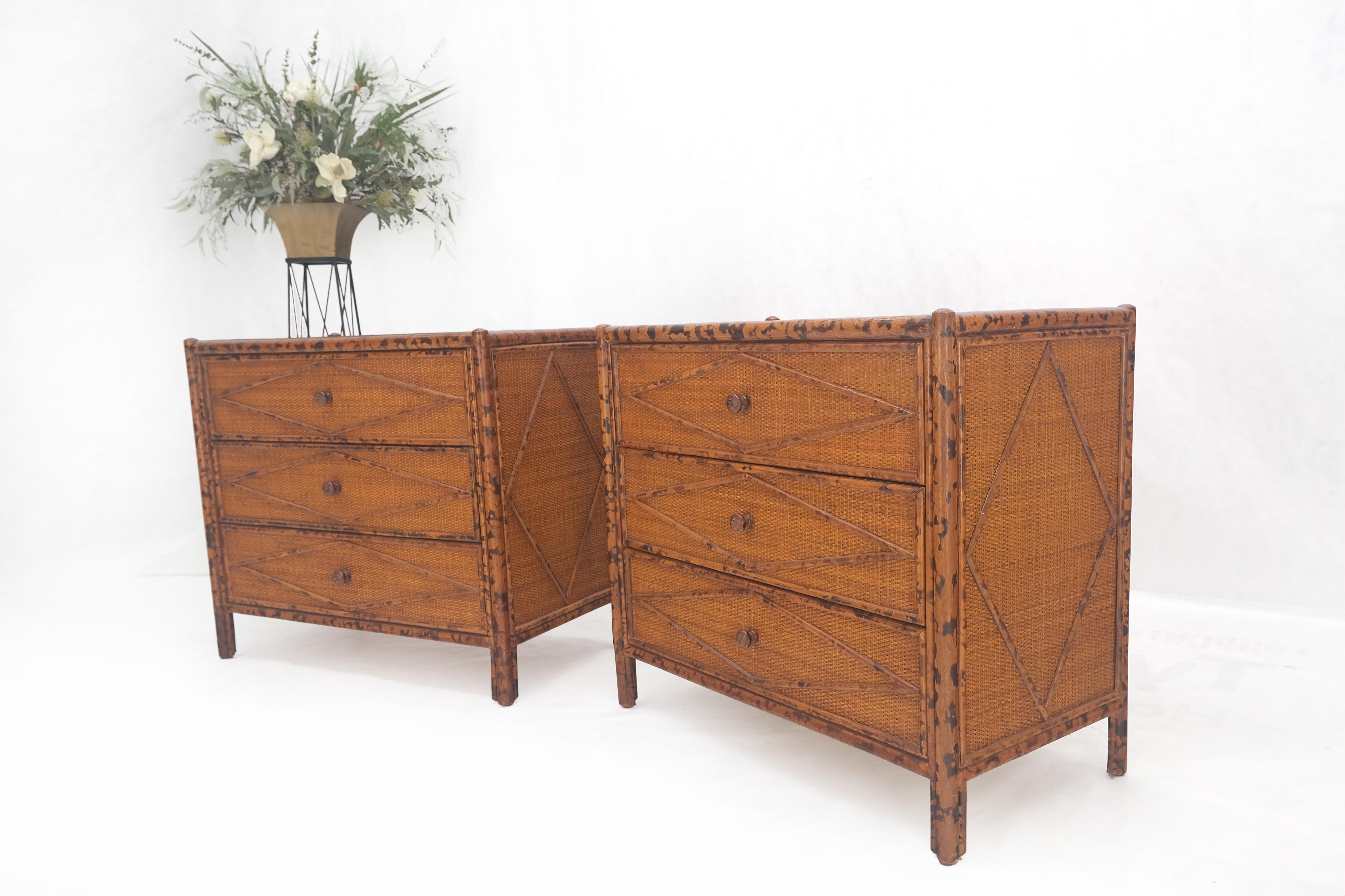 Bloomingdales Pair of Burnt Bamboo 3 Drawers Cane Rattan Small Dressers Chests  In Good Condition For Sale In Rockaway, NJ