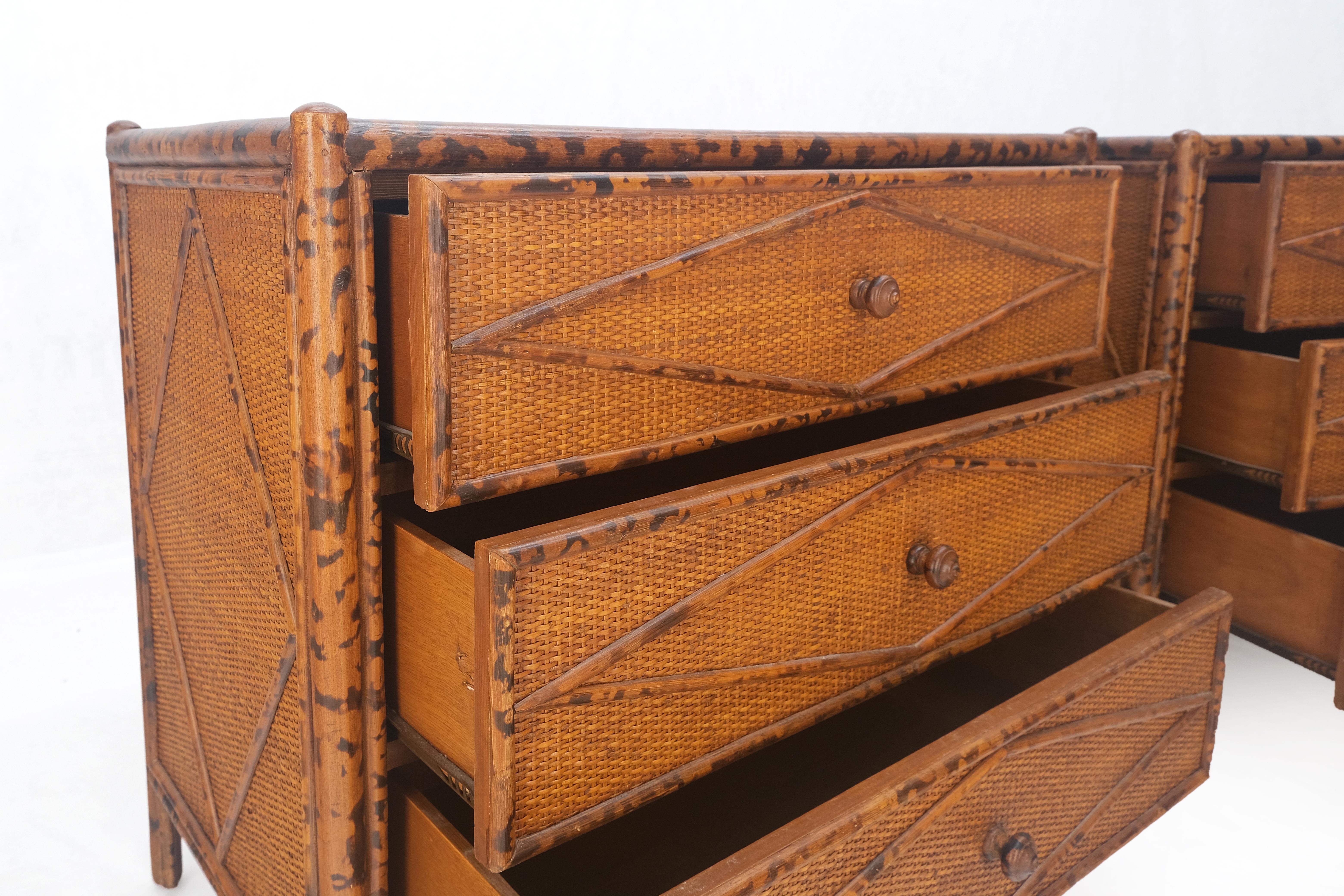 20th Century Bloomingdales Pair of Burnt Bamboo 3 Drawers Cane Rattan Small Dressers Chests  For Sale