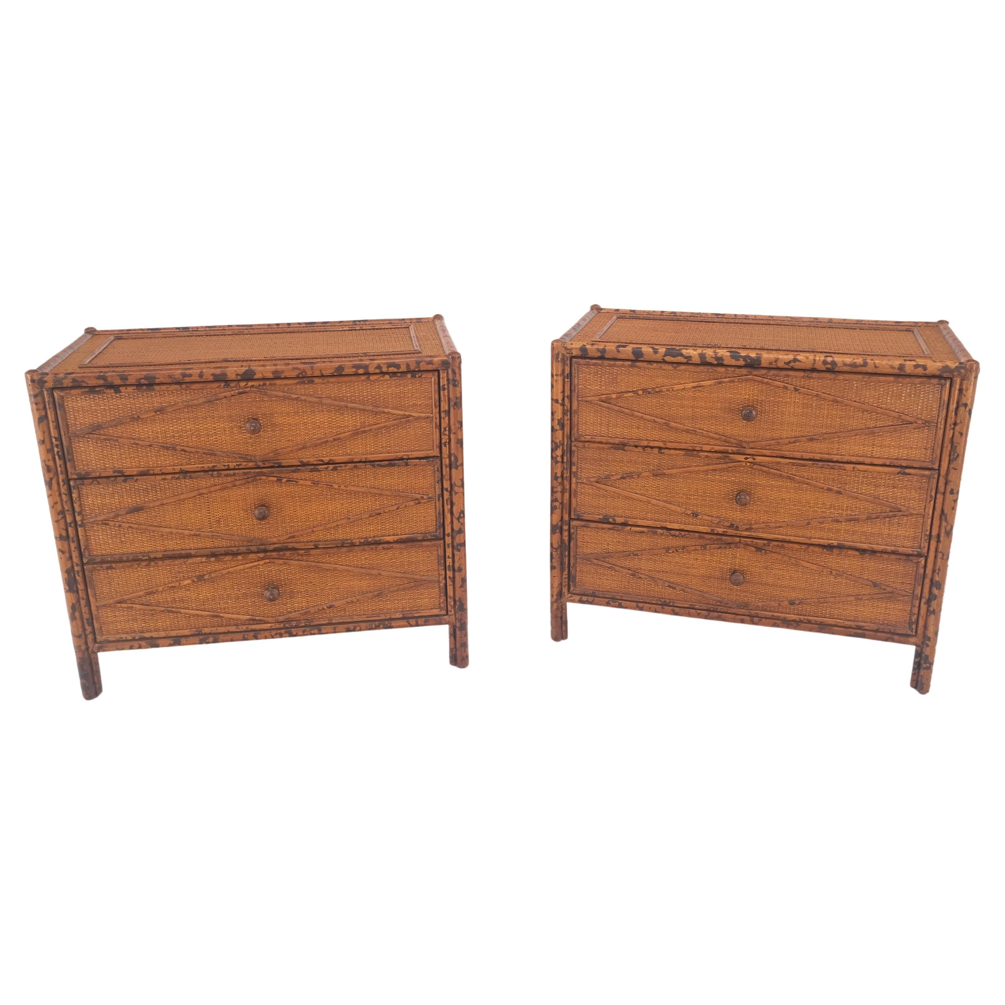 Bloomingdales Pair of Burnt Bamboo 3 Drawers Cane Rattan Small Dressers Chests  For Sale
