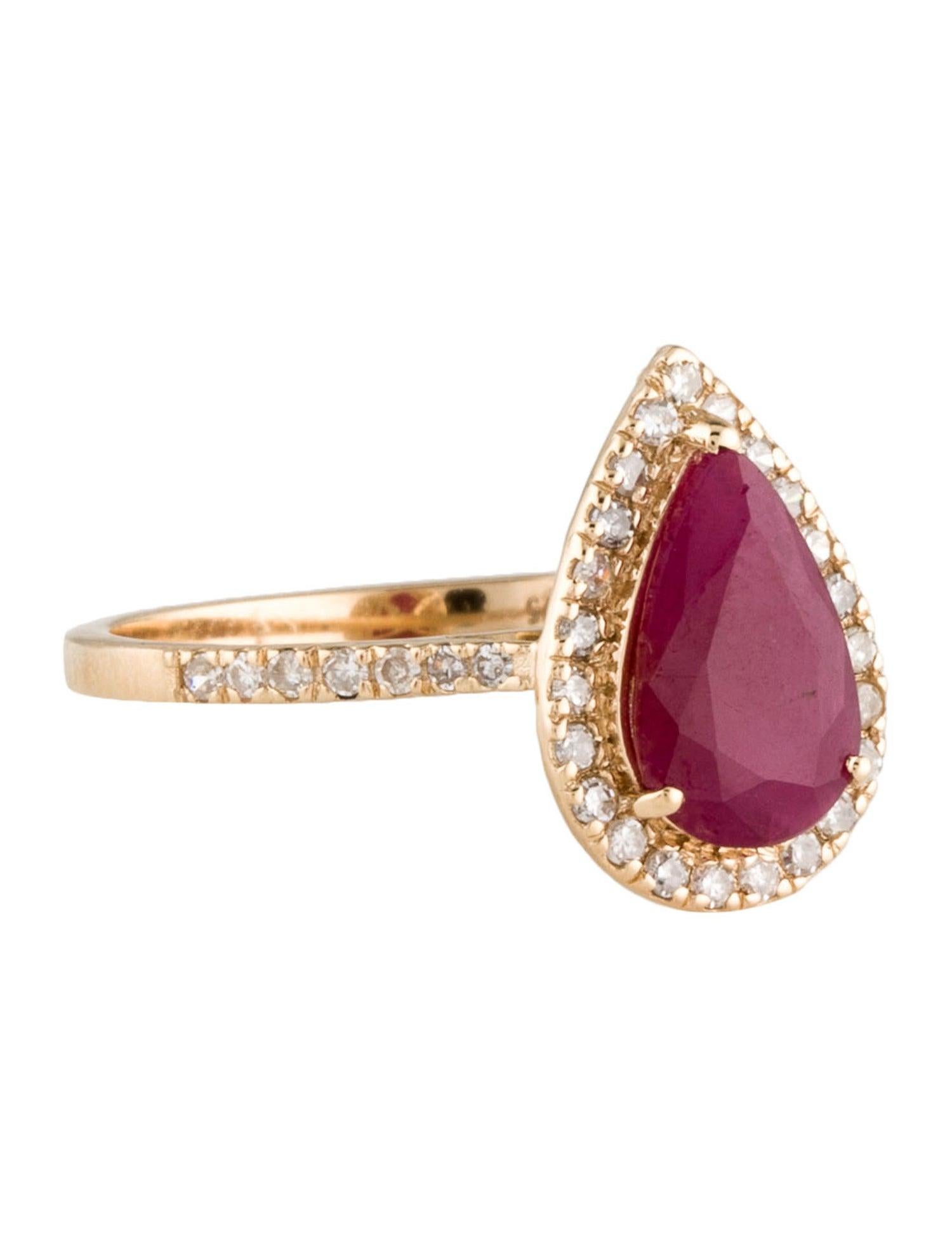 Elevate your style with the exquisite allure of our Blooms of Passion Ruby and Diamond Ring. Crafted with precision and passion, this luxurious piece embodies the essence of nature's vibrant beauty. The rich red hue of the pear-shaped ruby, a symbol