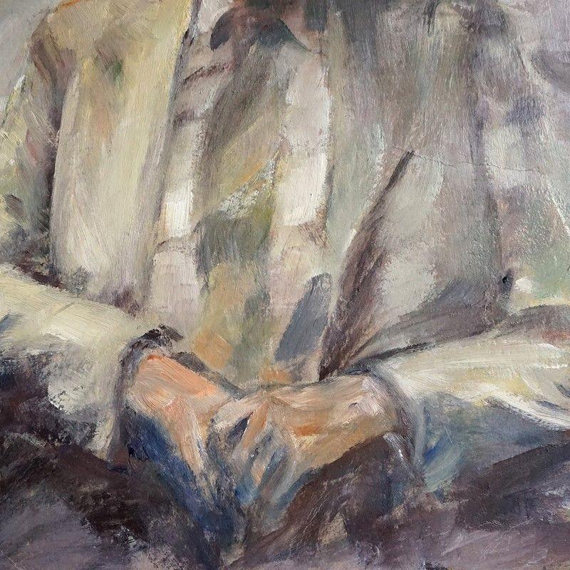 Hand-Painted Vintage Bloomsbury Style Portrait of an Old Man in a Hat, Original Oil Painting