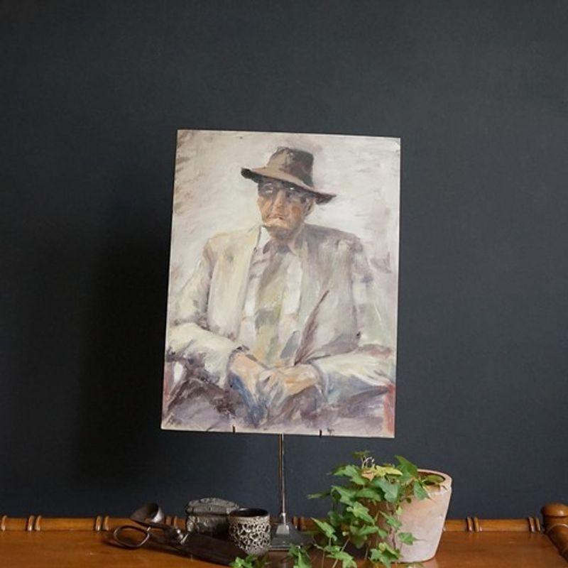 Mid-20th Century Vintage Bloomsbury Style Portrait of an Old Man in a Hat, Original Oil Painting