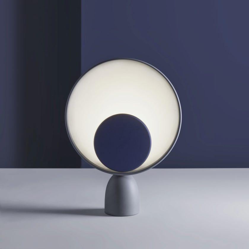 Blooper LED Table Lamp in Ash Grey with Navy Blue Dimmer Disc by Mette Schelde In New Condition For Sale In Brooklyn, NY