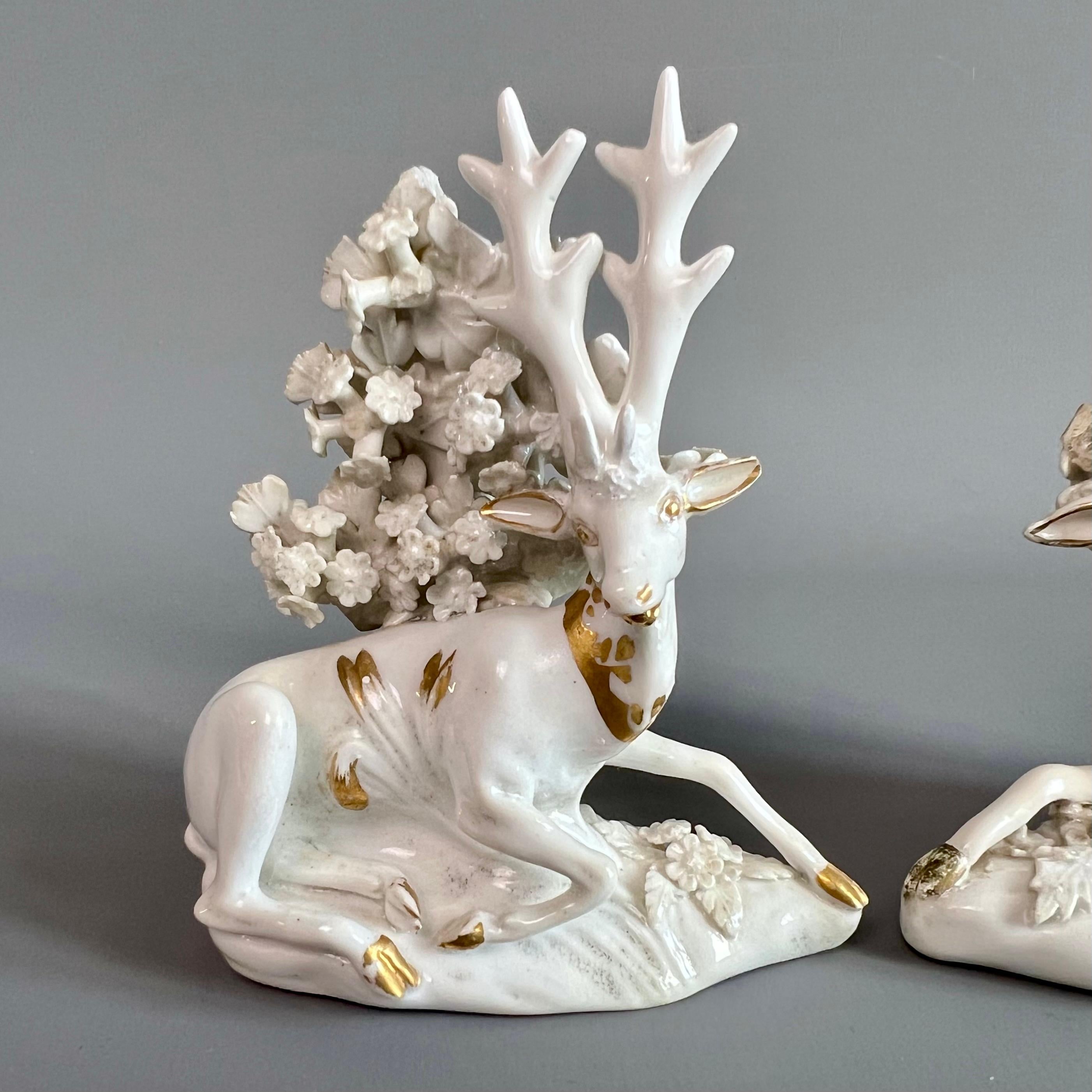 Hand-Painted Bloor Derby Pair of Porcelain Figures, Stag and Doe, circa 1765-1820 For Sale