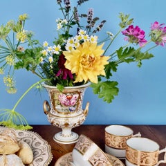 Bloor Derby Porcelain Campana Vase, White with Gilt and Flowers, Regency ca 1815