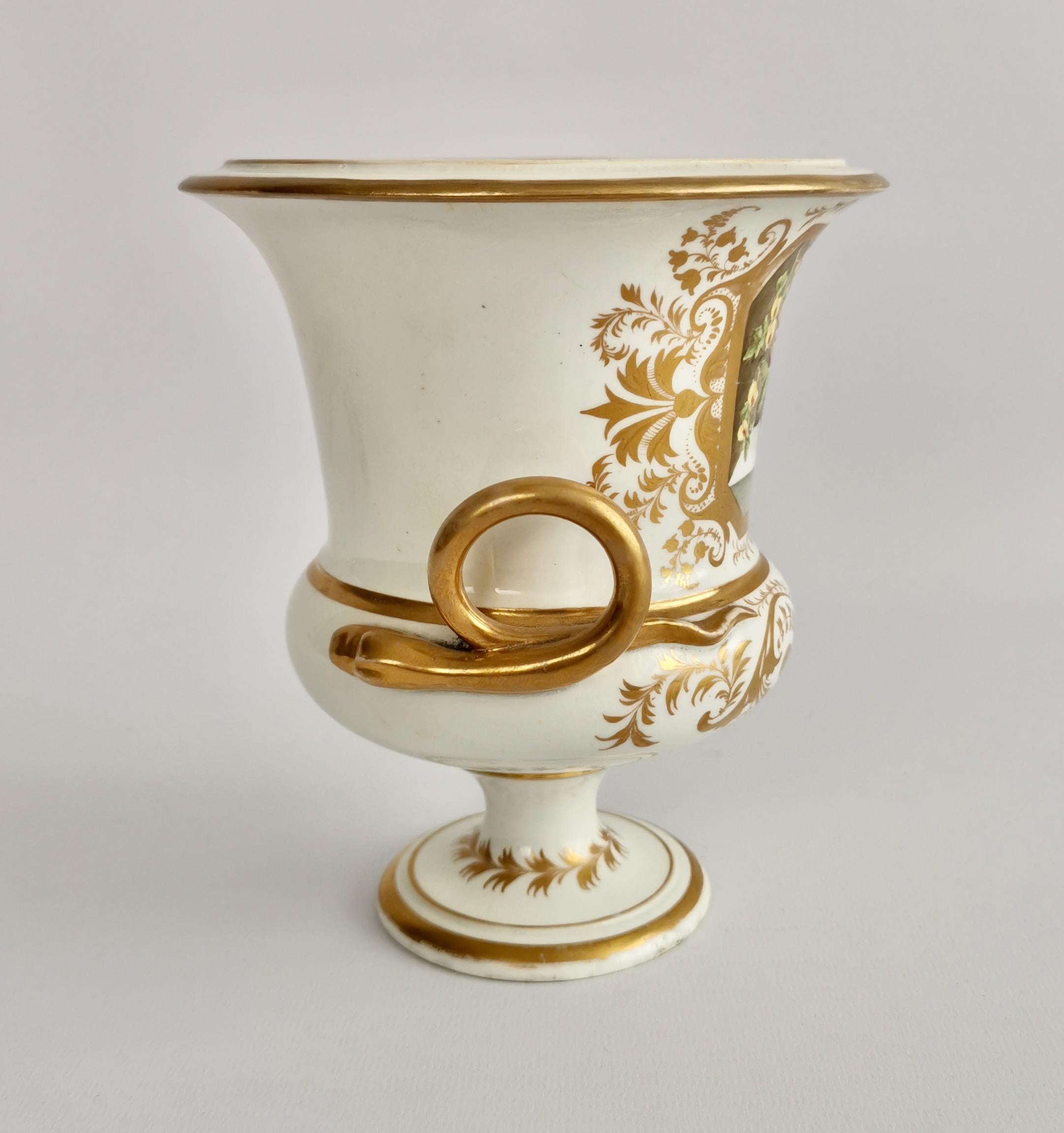 English Bloor Derby Porcelain Campana Vase, White with Gilt and Flowers, Regency ca 1815