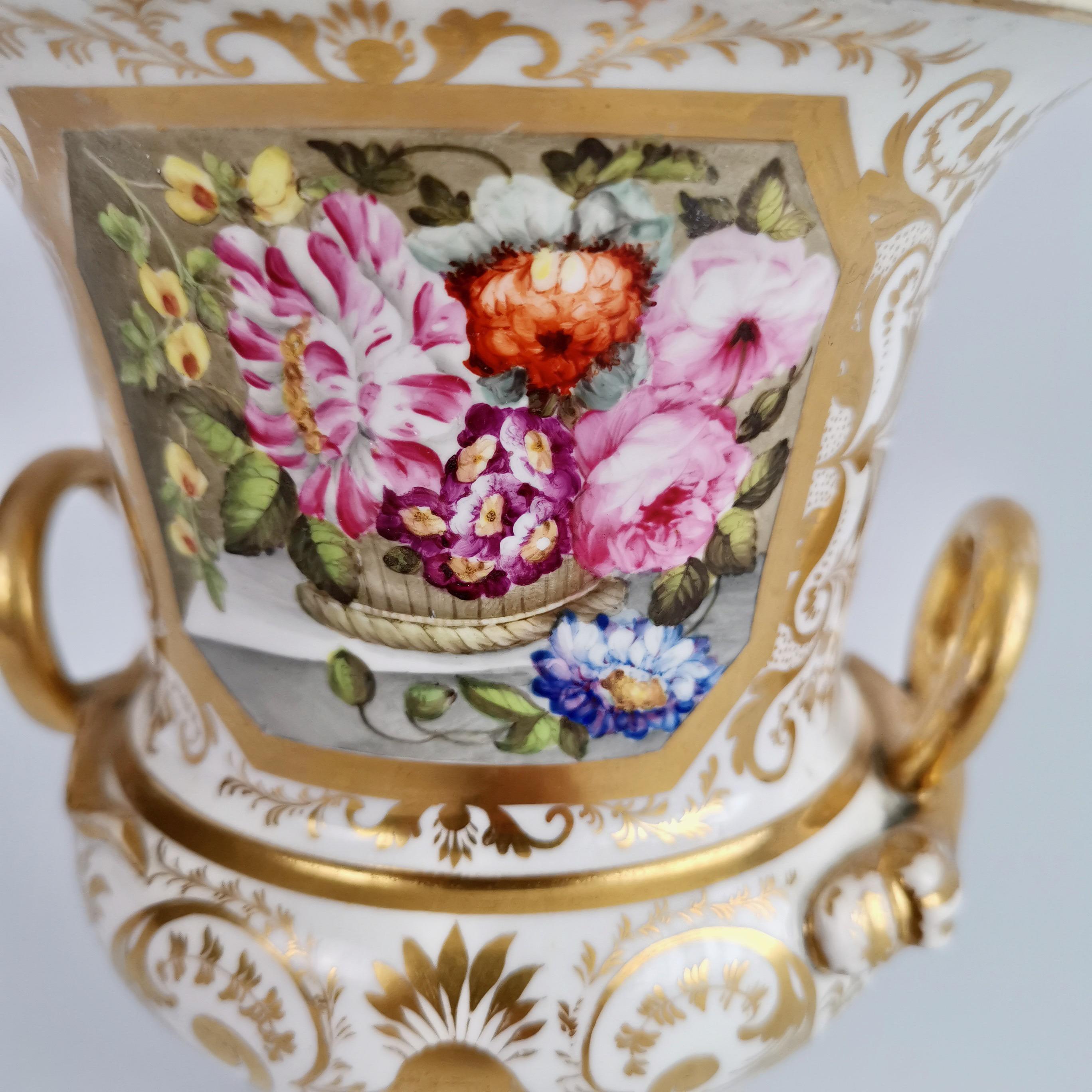 Hand-Painted Bloor Derby Porcelain Campana Vase, White with Gilt and Flowers, Regency ca 1815