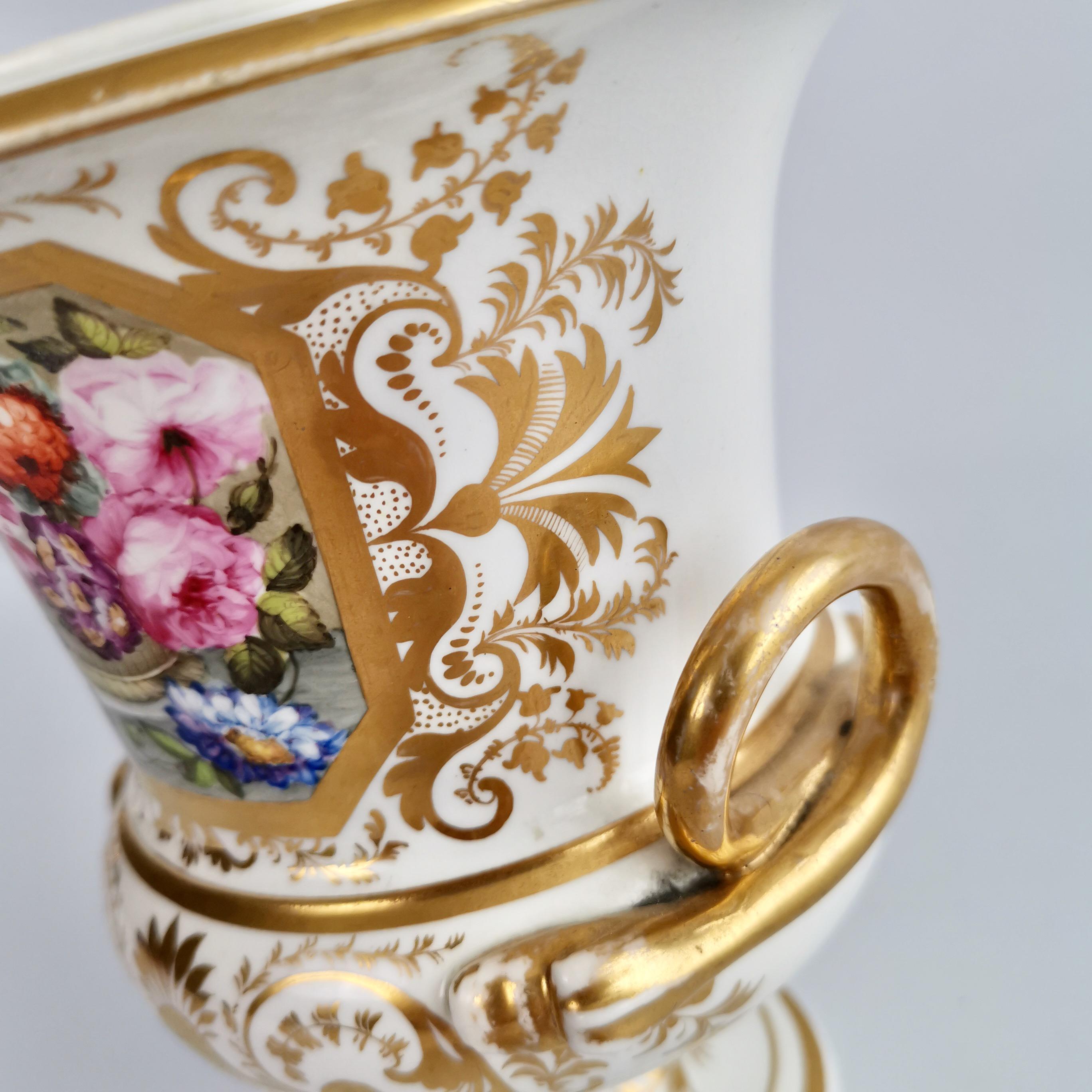 Bloor Derby Porcelain Campana Vase, White with Gilt and Flowers, Regency ca 1815 1