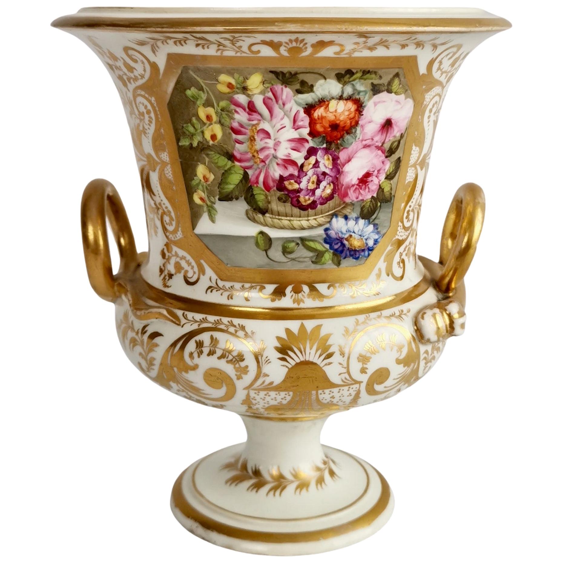Bloor Derby Porcelain Campana Vase, White with Gilt and Flowers, Regency ca 1815