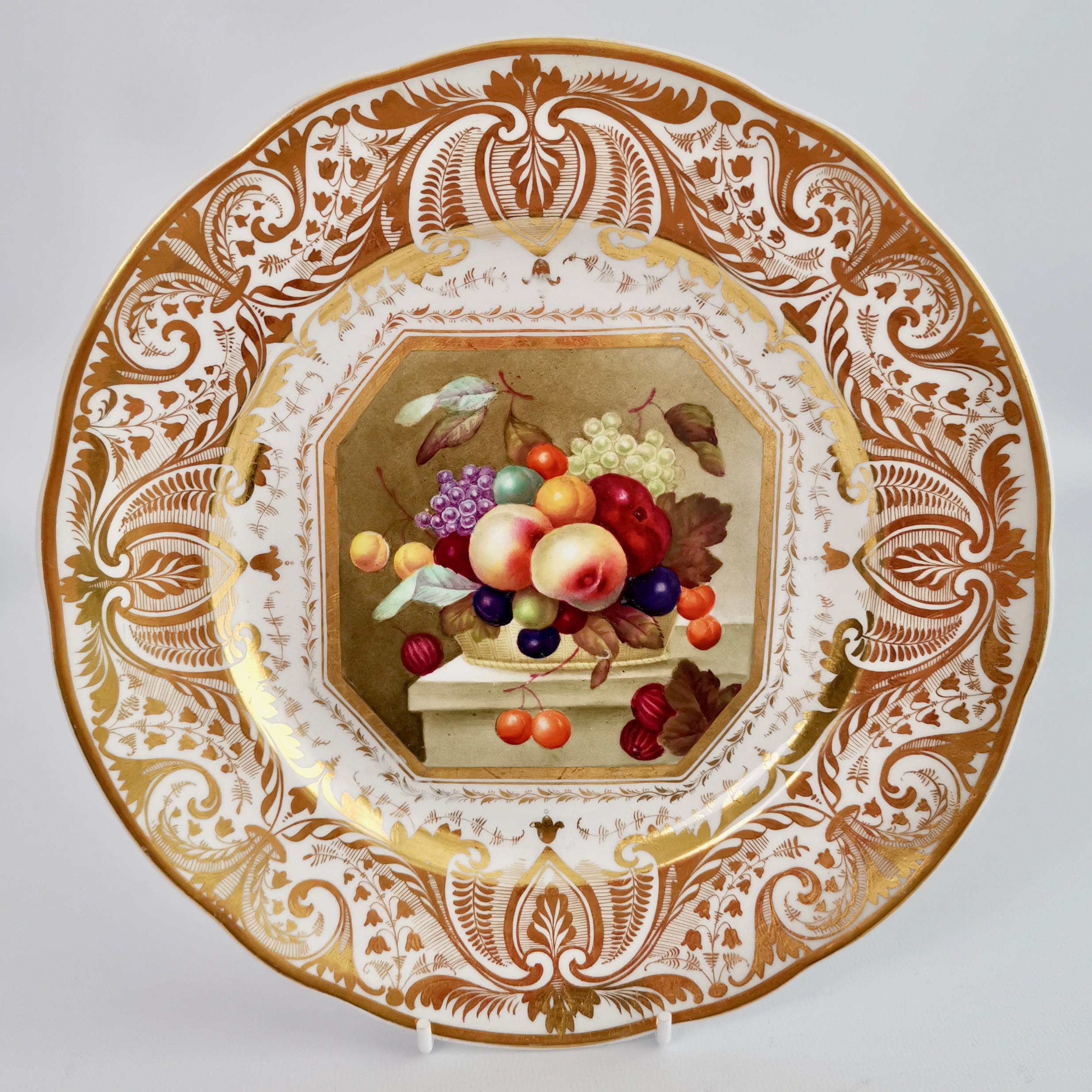 Dipinto a mano Set di 10 piatti Bloor Derby, dipinti di frutta di Thomas Steel, Reggenza 1820-1825 in vendita