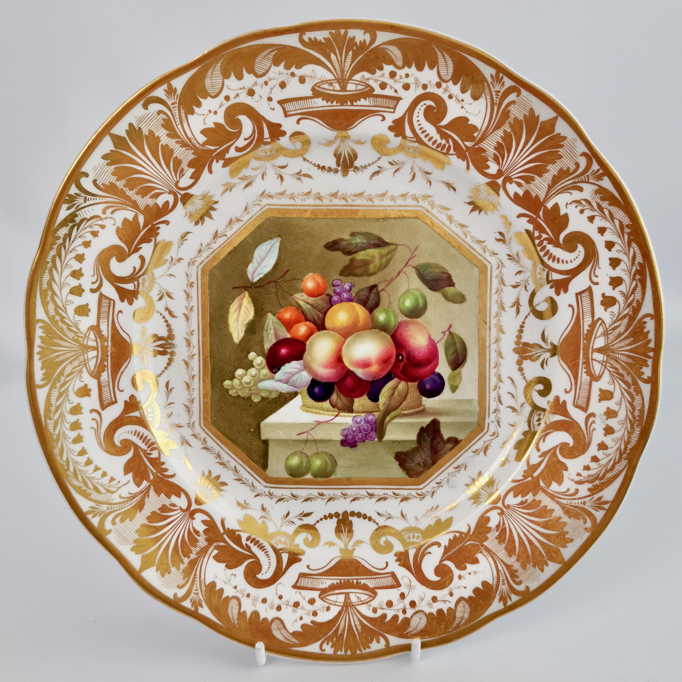 Porcellana Set di 10 piatti Bloor Derby, dipinti di frutta di Thomas Steel, Reggenza 1820-1825 in vendita
