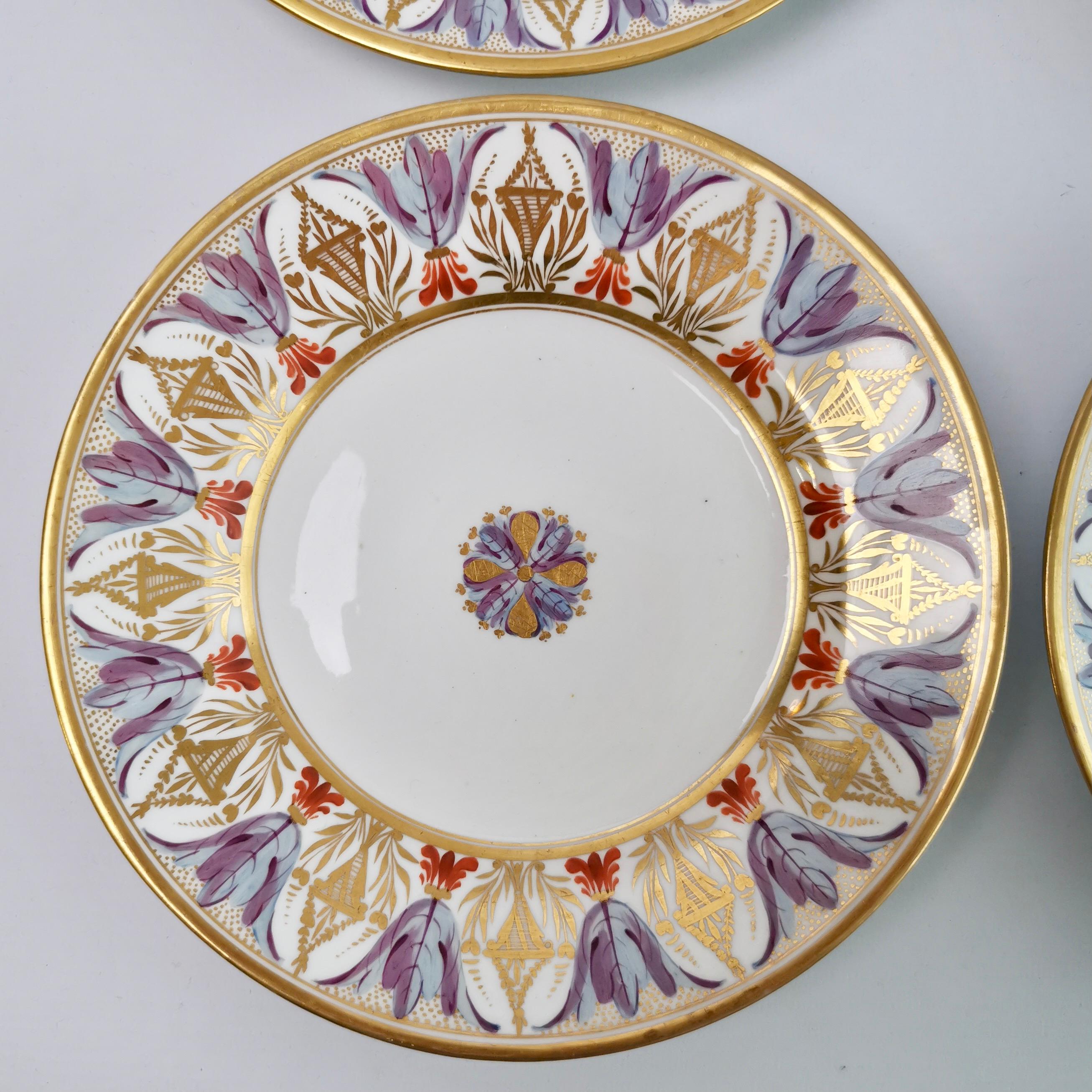 English Bloor Derby Set of 4 Dessert Plates, Neoclassical Pattern, Regency 1815-1820