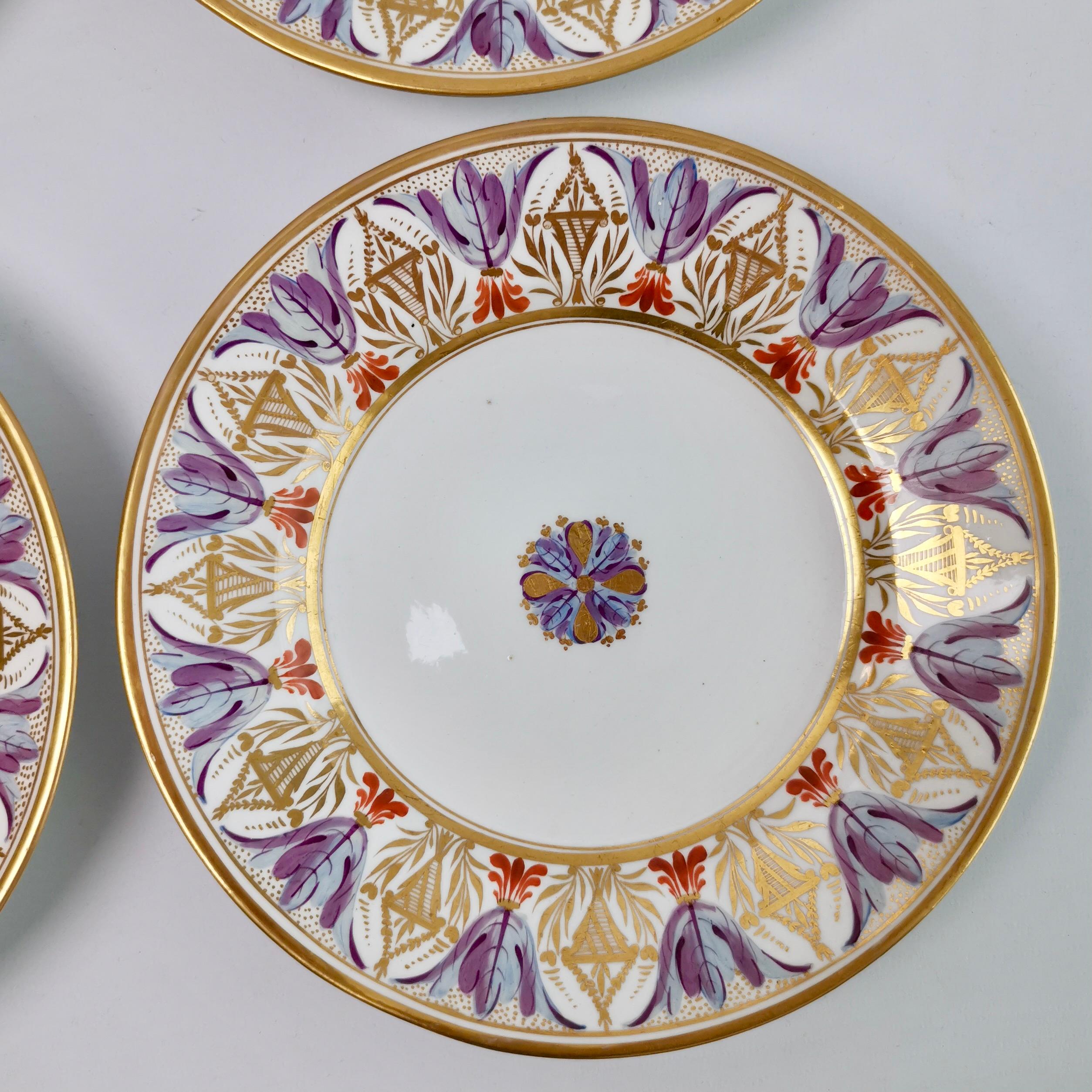 Hand-Painted Bloor Derby Set of 4 Dessert Plates, Neoclassical Pattern, Regency 1815-1820
