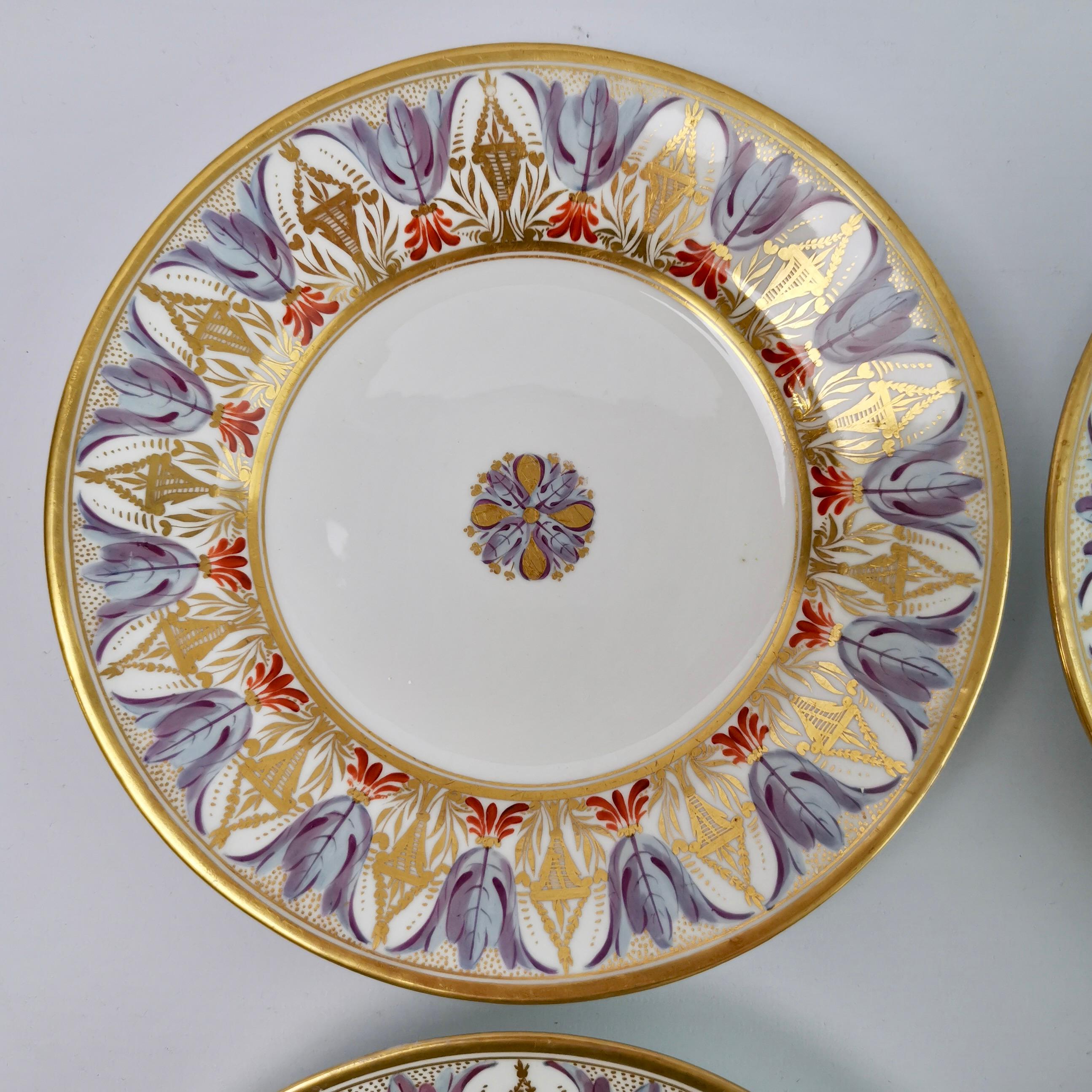 Early 19th Century Bloor Derby Set of 4 Dessert Plates, Neoclassical Pattern, Regency 1815-1820