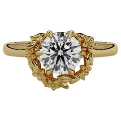 Bague de fiançailles Flower en or jaune 18 carats avec diamant rond naturel de 1 carat