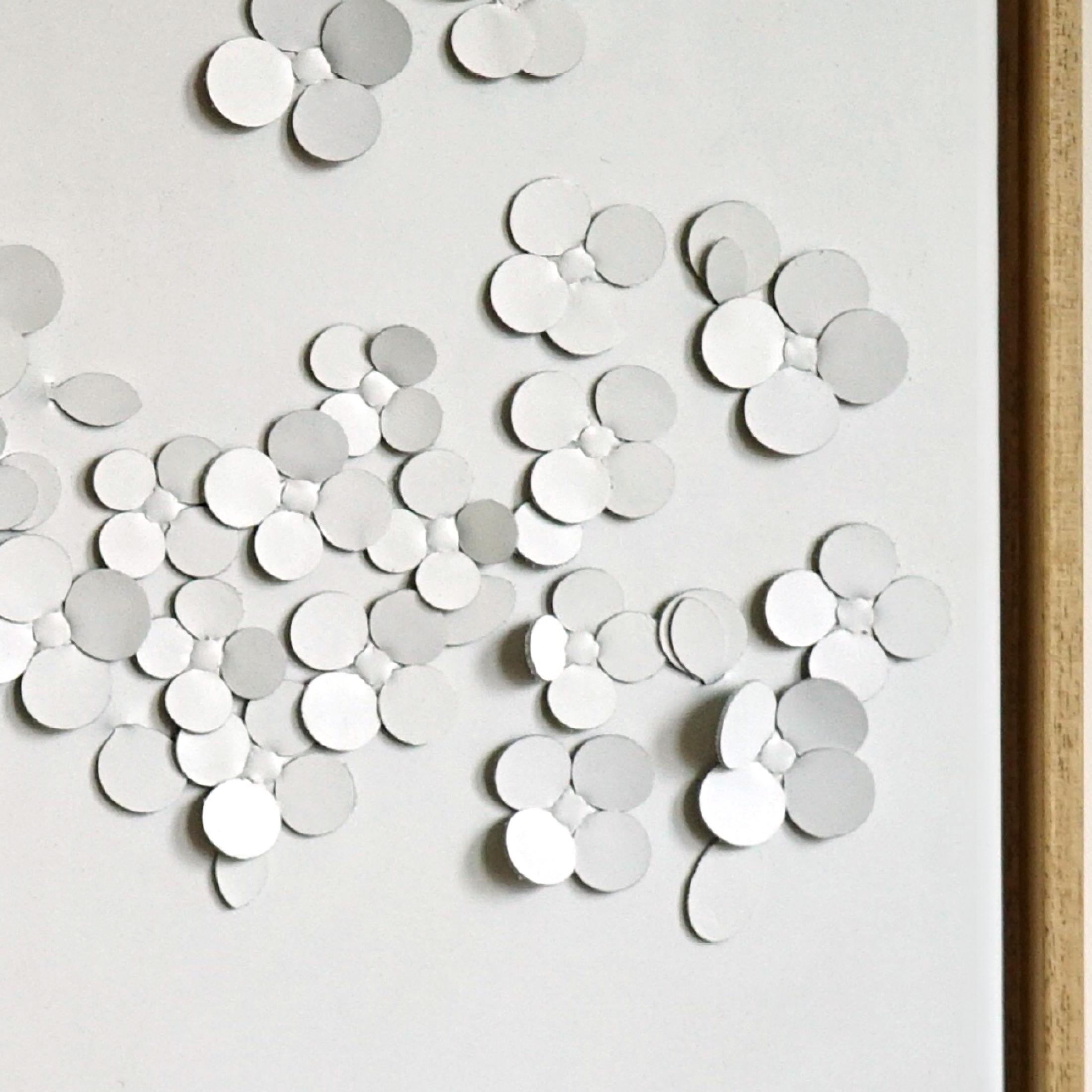 Blossom:

A piece of 3D sculptural wall art designed and made from two layers of white leather, woven together by Louise Heighes.
Measurements are 25.5 x 25.5 inches or 65 x 65 cm

This piece is inspired by the sudden appearance of blossom that