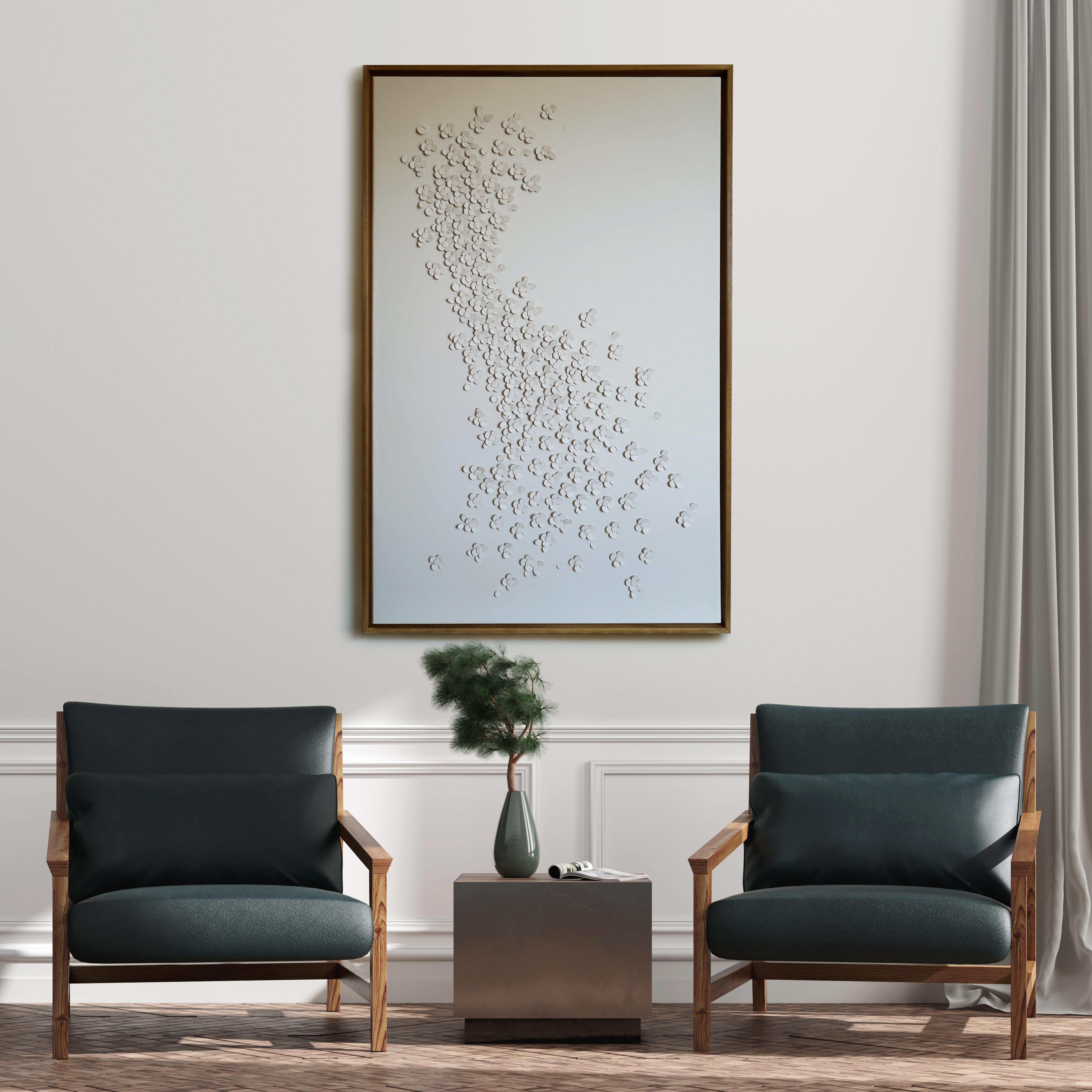 Blossom:

A piece of 3D sculptural wall art designed and made from two layers of white leather, woven together by Louise Heighes.
Measurements are 49 x 31 inches or 124.5 x 79 cm.
 
This piece of wall art is inspired by the sudden appearance of