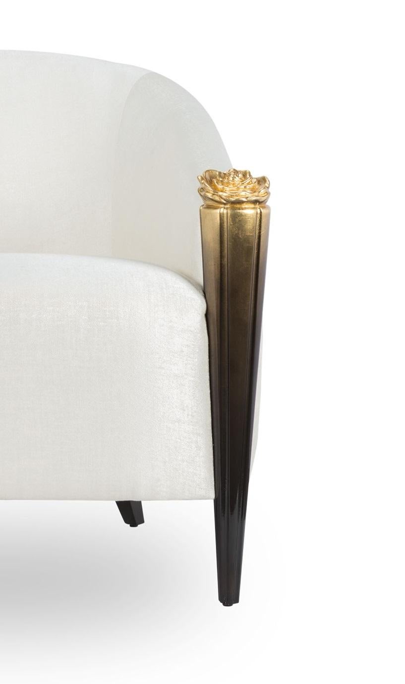 Blossom Armchair by Memoir Essence
Dimensions: D 82 x W 80 x H 82 cm.
Materials: Gold Leaf with black lacquer gradient and textured satin fabric KY 1 Snow White.

Also available in client's fabric. Please contact us.

With organic and smooth lines,