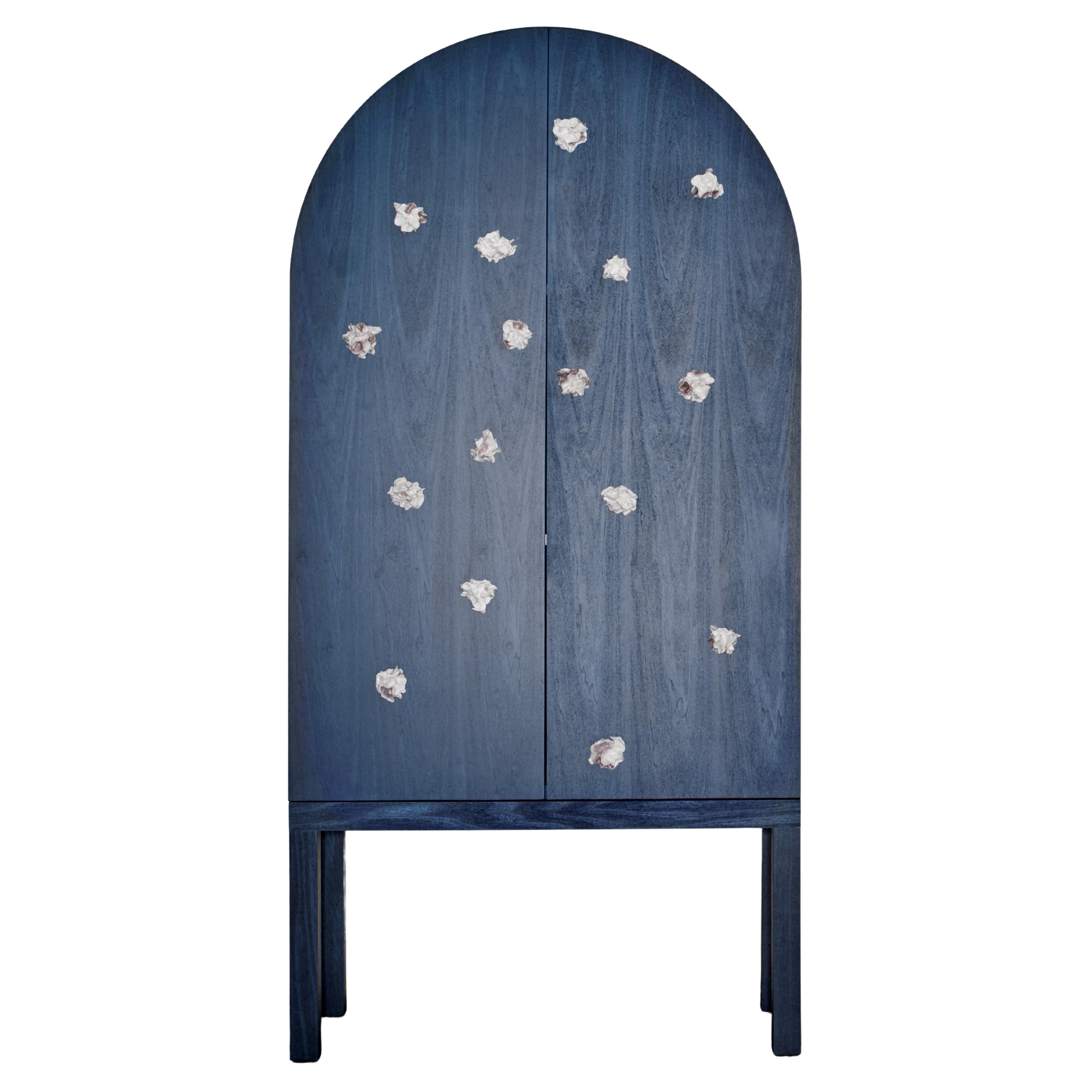 Blossom: Blue Storage Cabinet with Hand Made Ceramic Inserts, Limited Edition