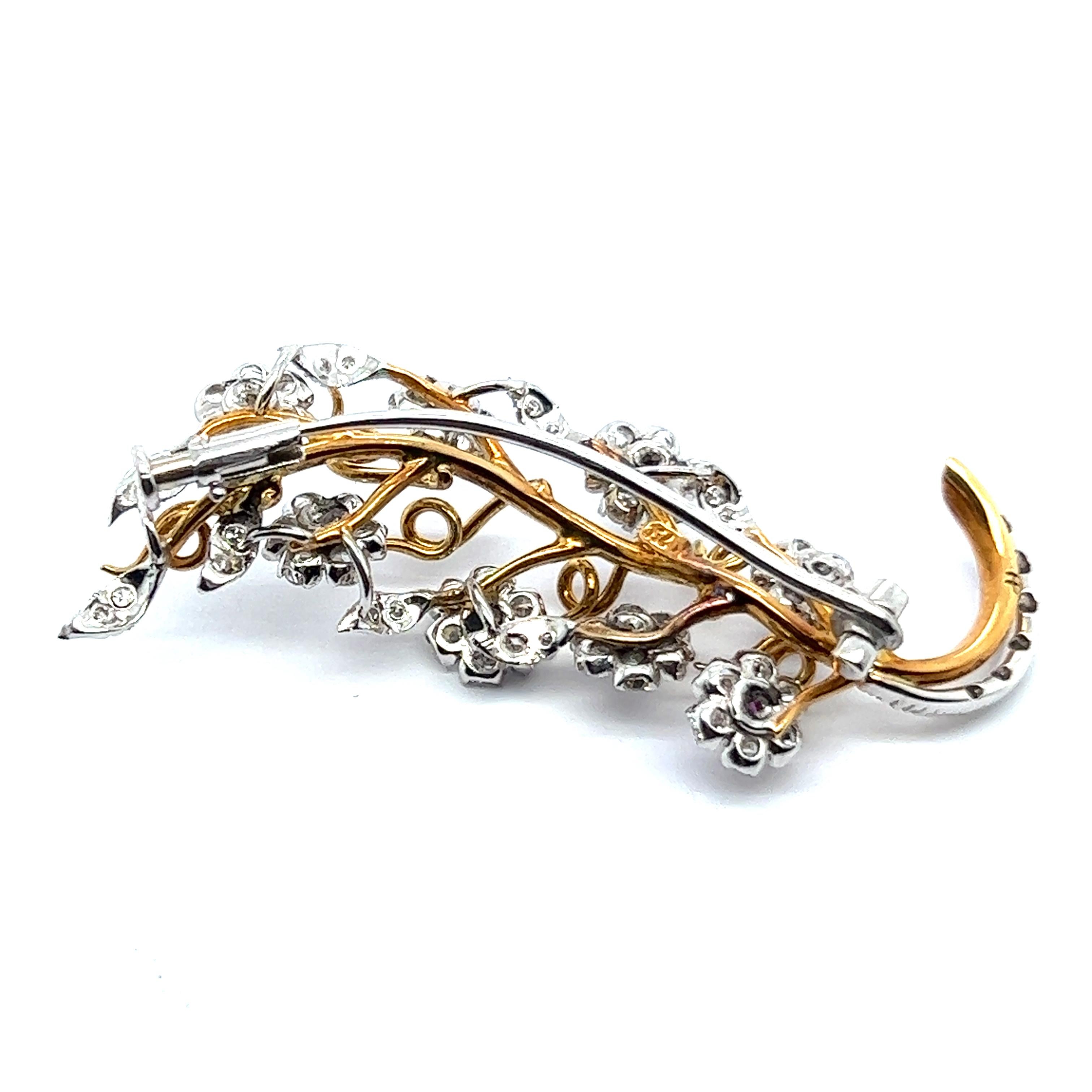 Artist Blossom Branch Brooch with Dimonds and Pink Sapphires in White and Yellow Gold For Sale