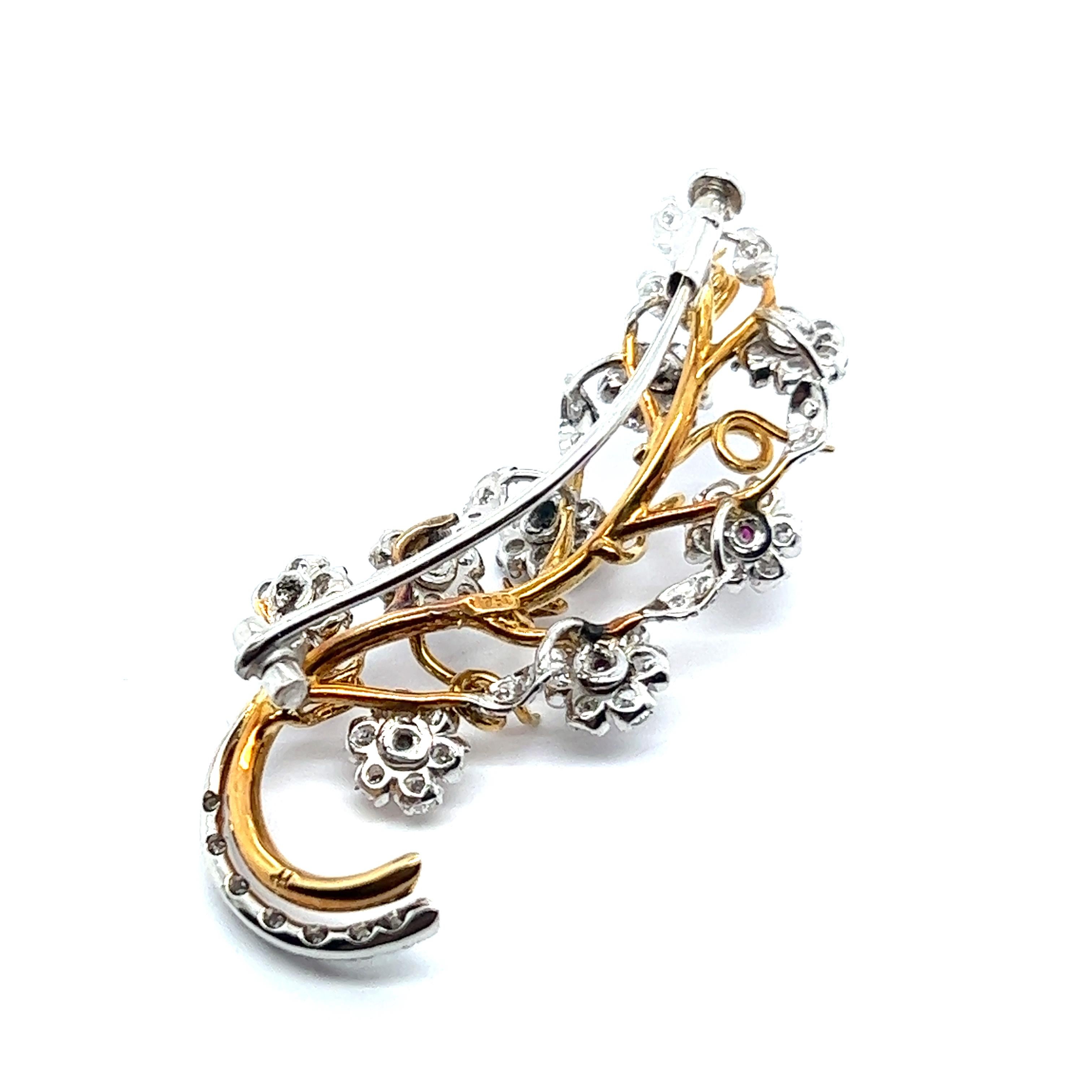 Brilliant Cut Blossom Branch Brooch with Dimonds and Pink Sapphires in White and Yellow Gold For Sale