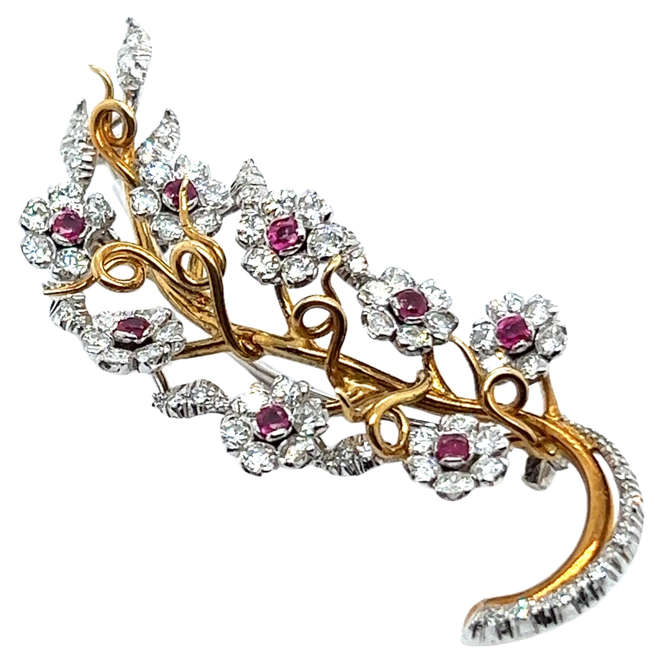 Blossom Branch Brooch with Dimonds and Pink Sapphires in White and Yellow Gold For Sale